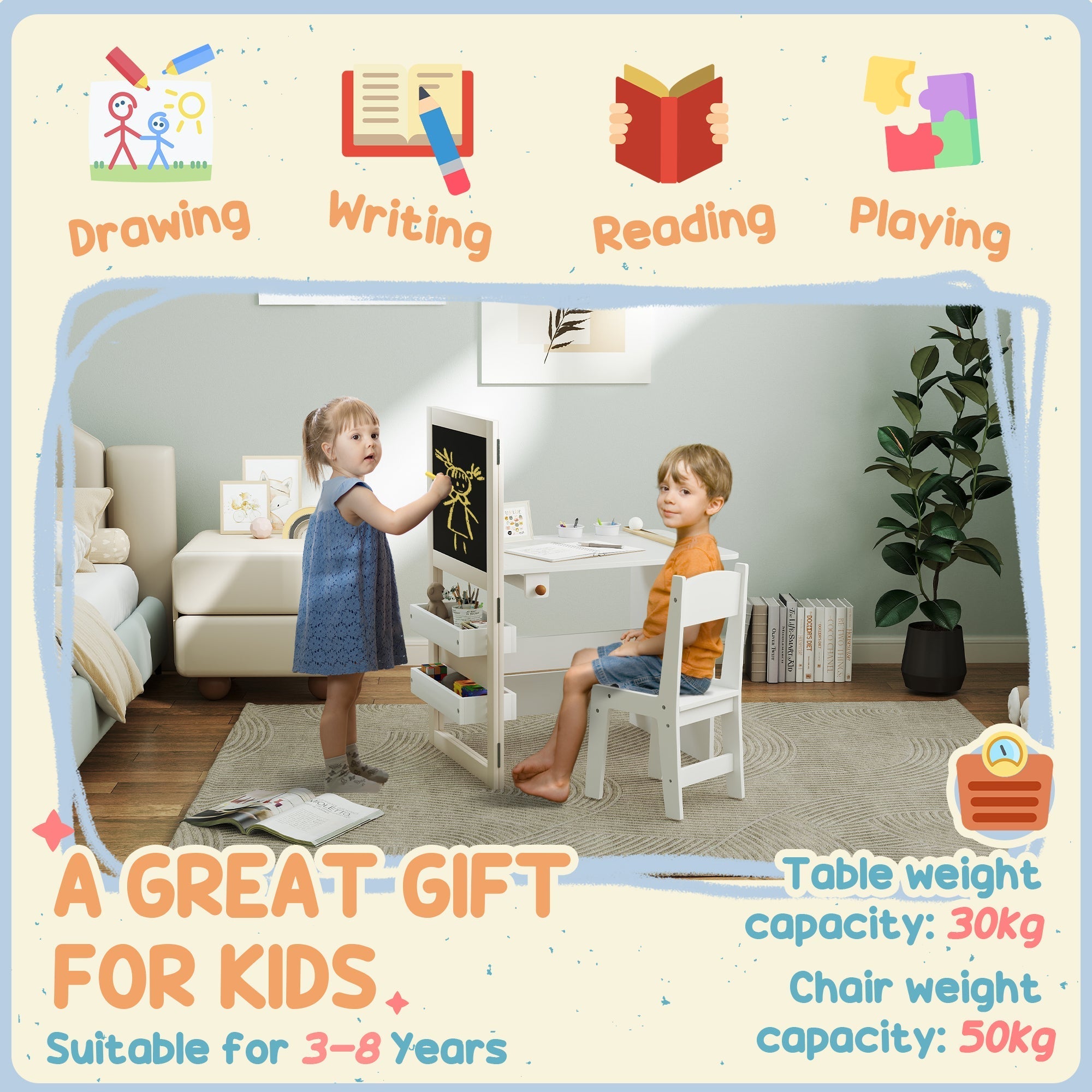 White wooden kids table and chair set with built-in chalkboard, roll paper, and storage drawers for creative play