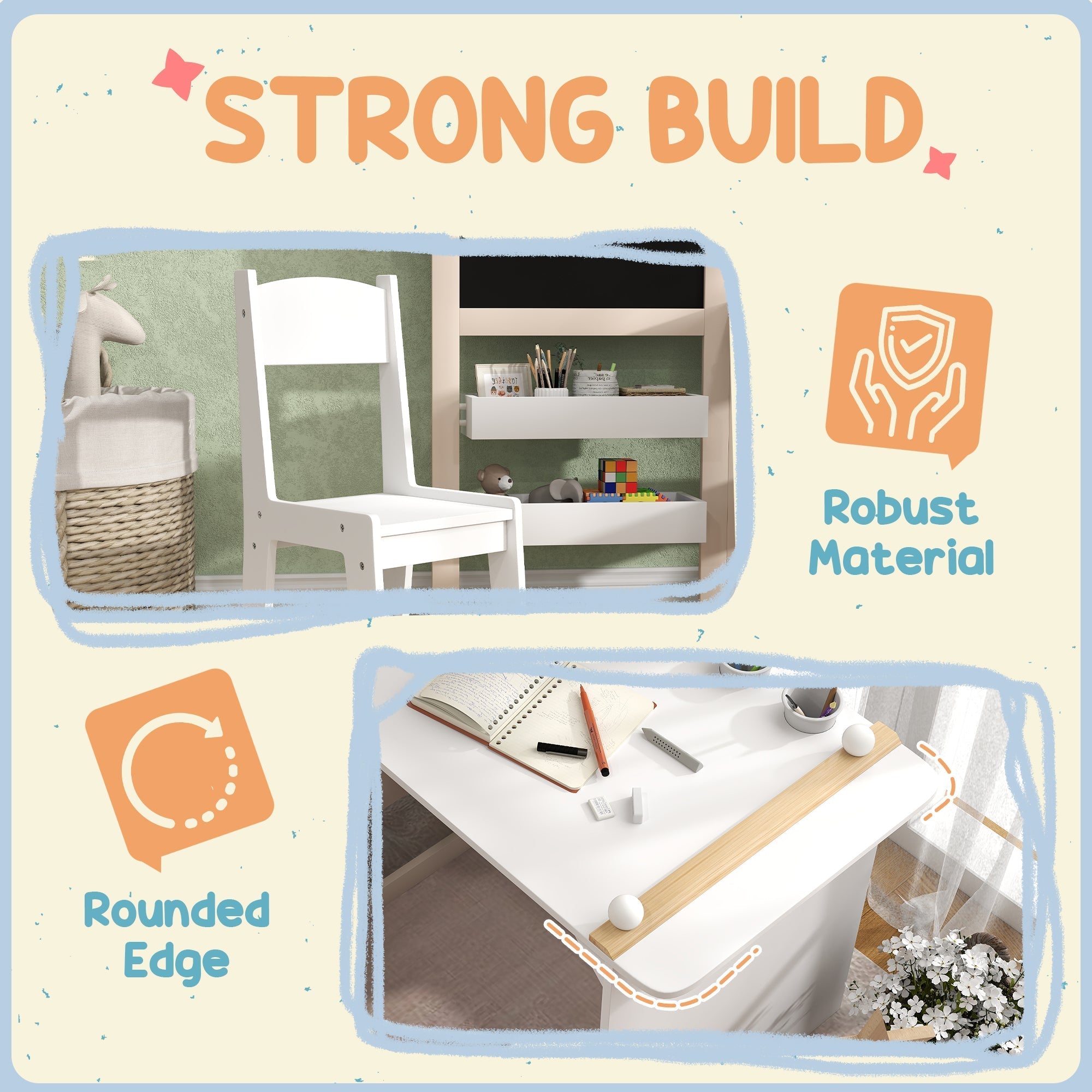 White wooden kids table and chair set with roll paper, whiteboard, and storage for kids ages 3 to 8 years