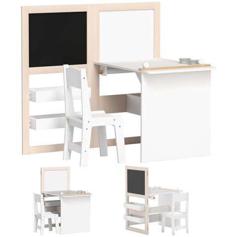 White kids table and chair set with chalkboard, mirror panel, wooden accents, and roll paper for kids ages 3-8