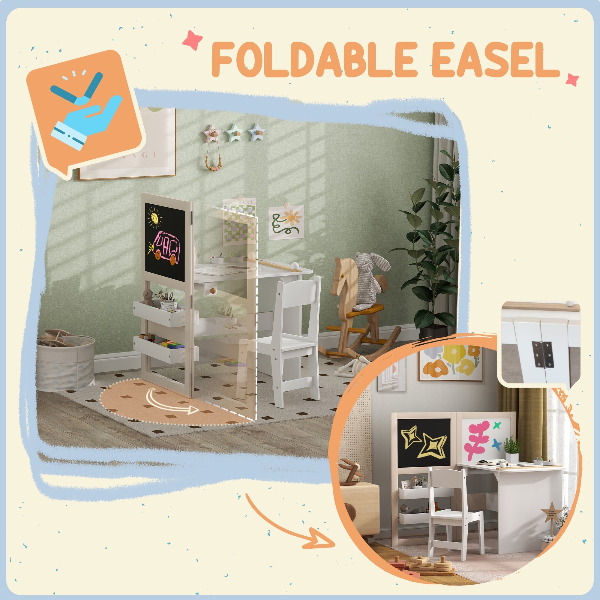 White foldable easel with chalkboard and storage drawers in a kids table and chair set with roll paper holder