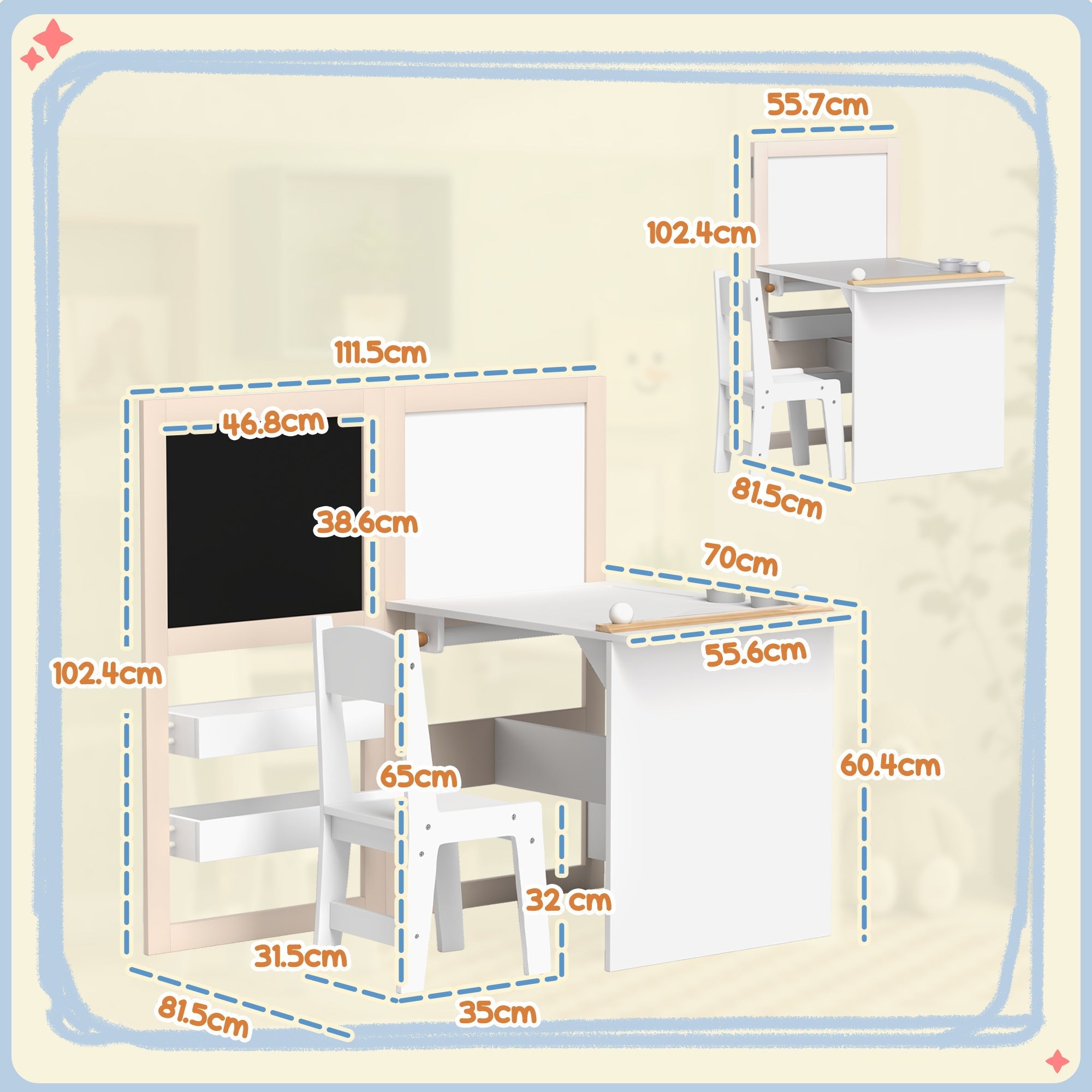 White kids study desk with chalkboard and drawers featuring roll paper and chair set for kids ages 3 to 8
