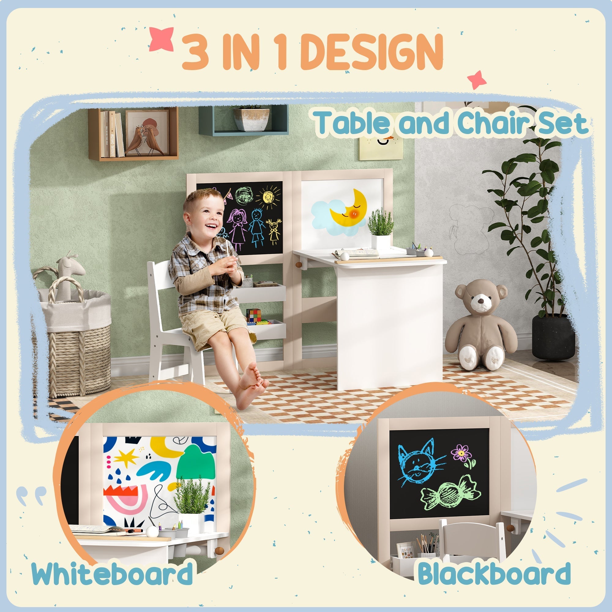 Aiyaplay white kids table and chair set with storage roll paper whiteboard and blackboard surfaces for ages 3-8