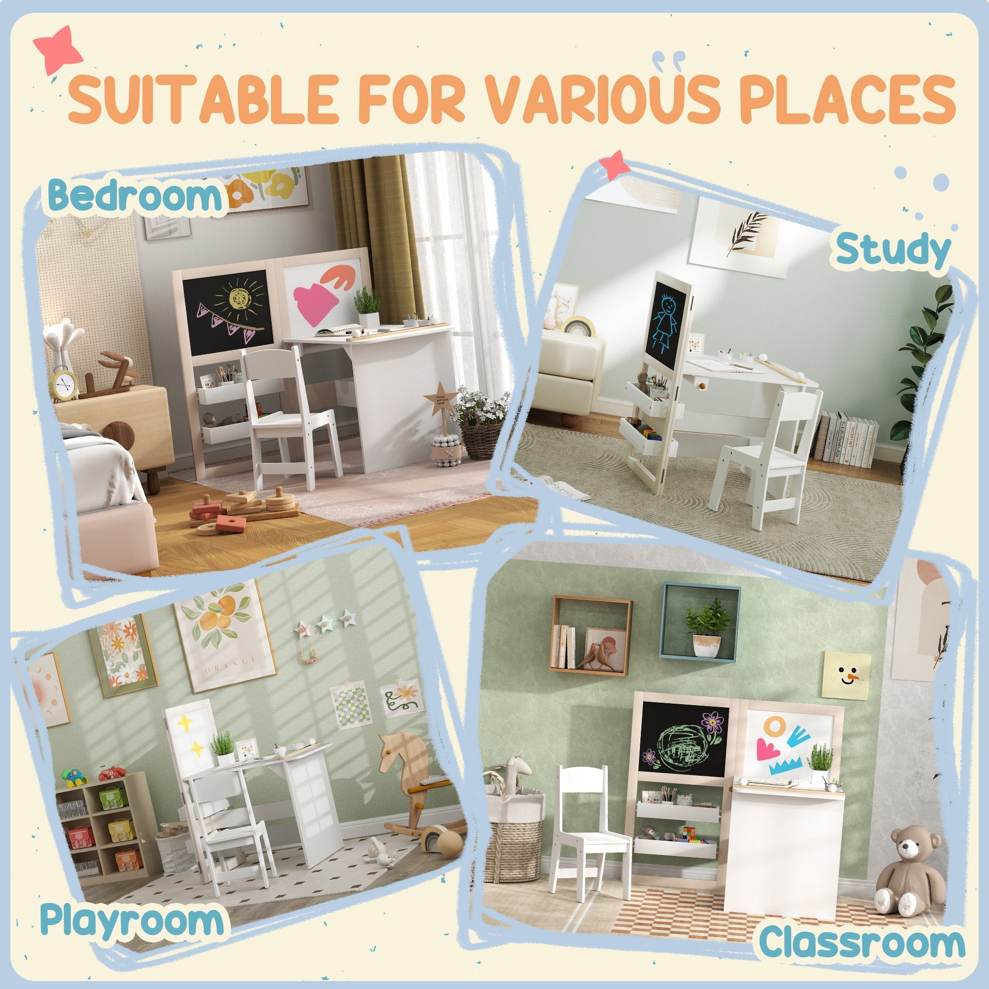 White aiyaplay kids table and chair set with chalkboard, roll paper, storage shelves ideal for 3-8 years study desk