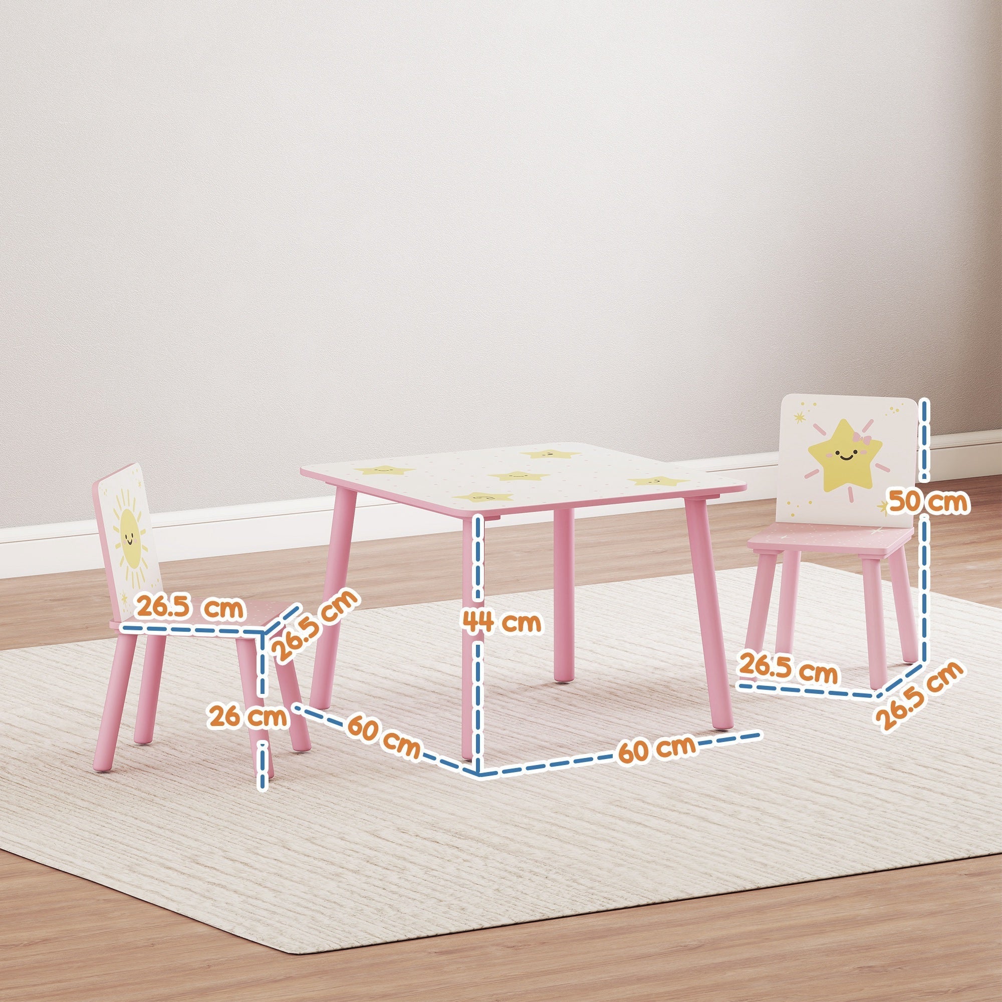 Aiyaplay pink 3-piece toddler chair set with white tabletops featuring yellow sun and star decals kid-sized height kids table