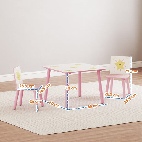 Aiyaplay pink 3-piece toddler chair set with white tabletops featuring yellow sun and star decals kid-sized height kids table