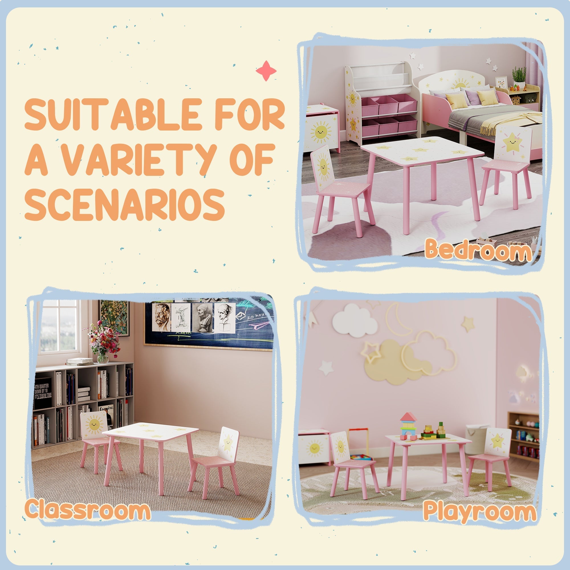 Back view of a pink aiyaplay kids table and chair set with white surface and sunflower design on chair backs at kid-sized height