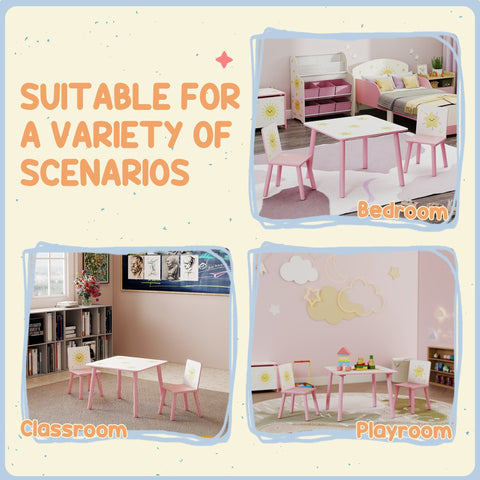 Back view of a pink aiyaplay kids table and chair set with white surface and sunflower design on chair backs at kid-sized height