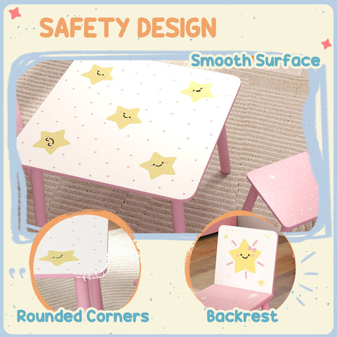 Aiyaplay pink kids table with white top yellow smiling star decals rounded corners kid-sized height chair set