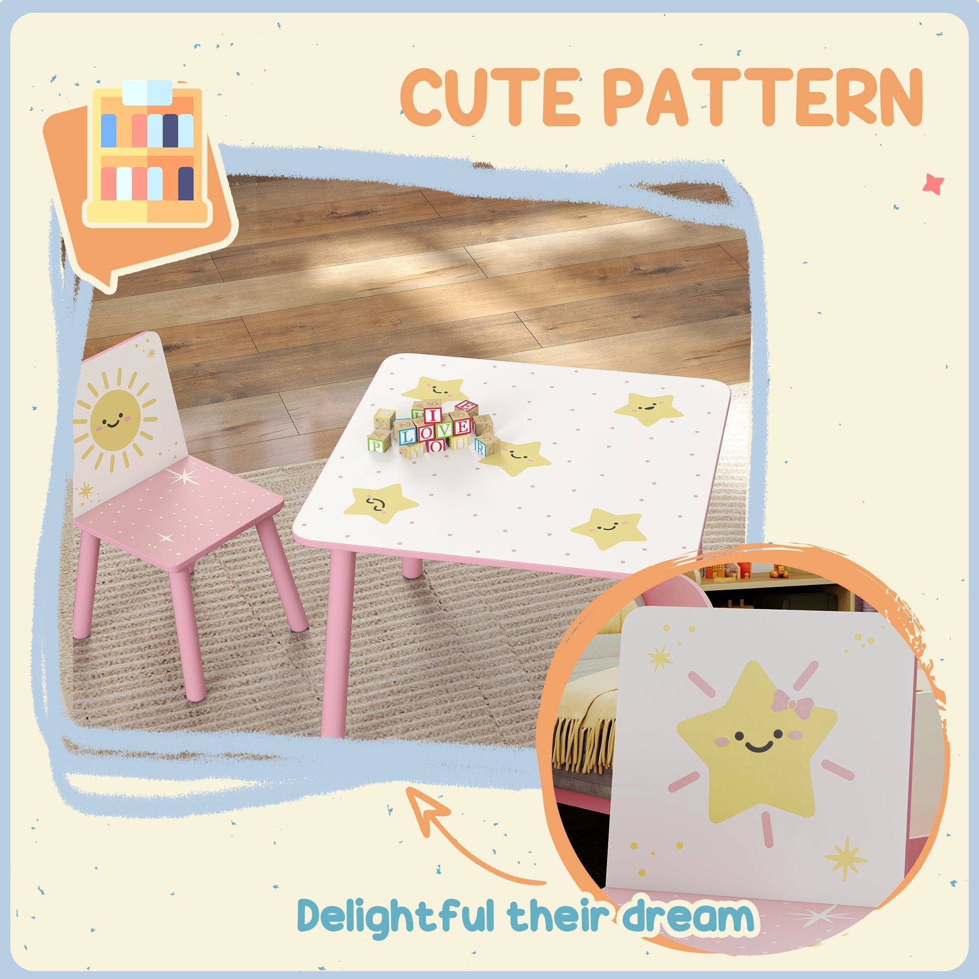 Aiyaplay pink wooden kids table with white star top and pink legs kid-sized height chair set for playroom