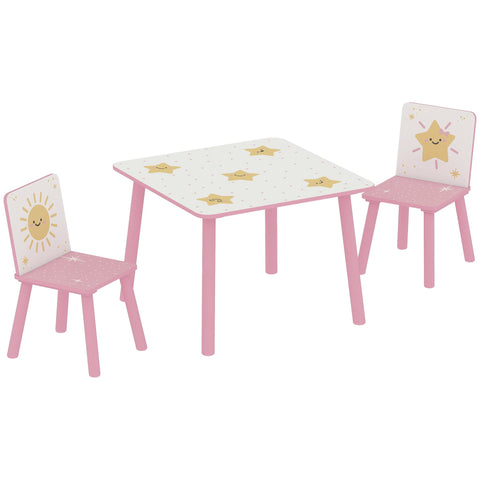 Aiyaplay pink 3-piece kids table and chair set with white tops and yellow star and sun decals in kid-sized height