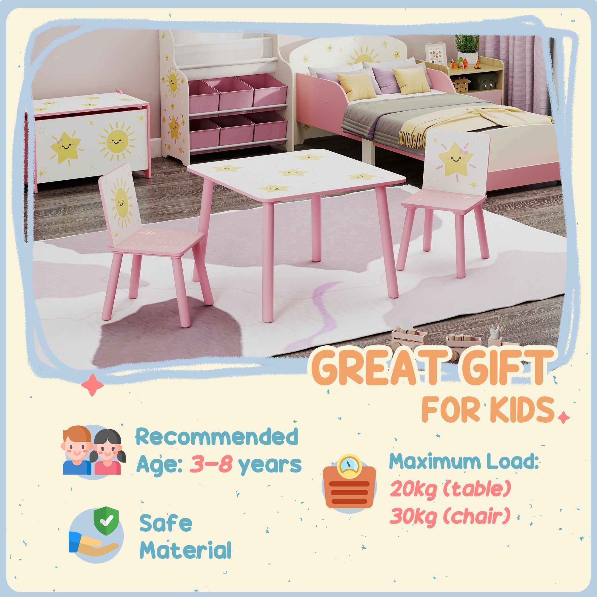 Pink AIYAPLAY kids table with white top and yellow sun decals kid-sized height chair set for playroom and nursery