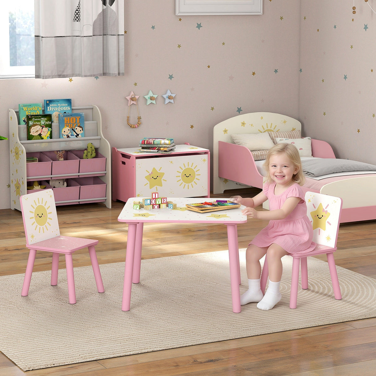 Aiyaplay pink kids table with white sun decal surface and matching pink legs kid-sized height chair set for playroom