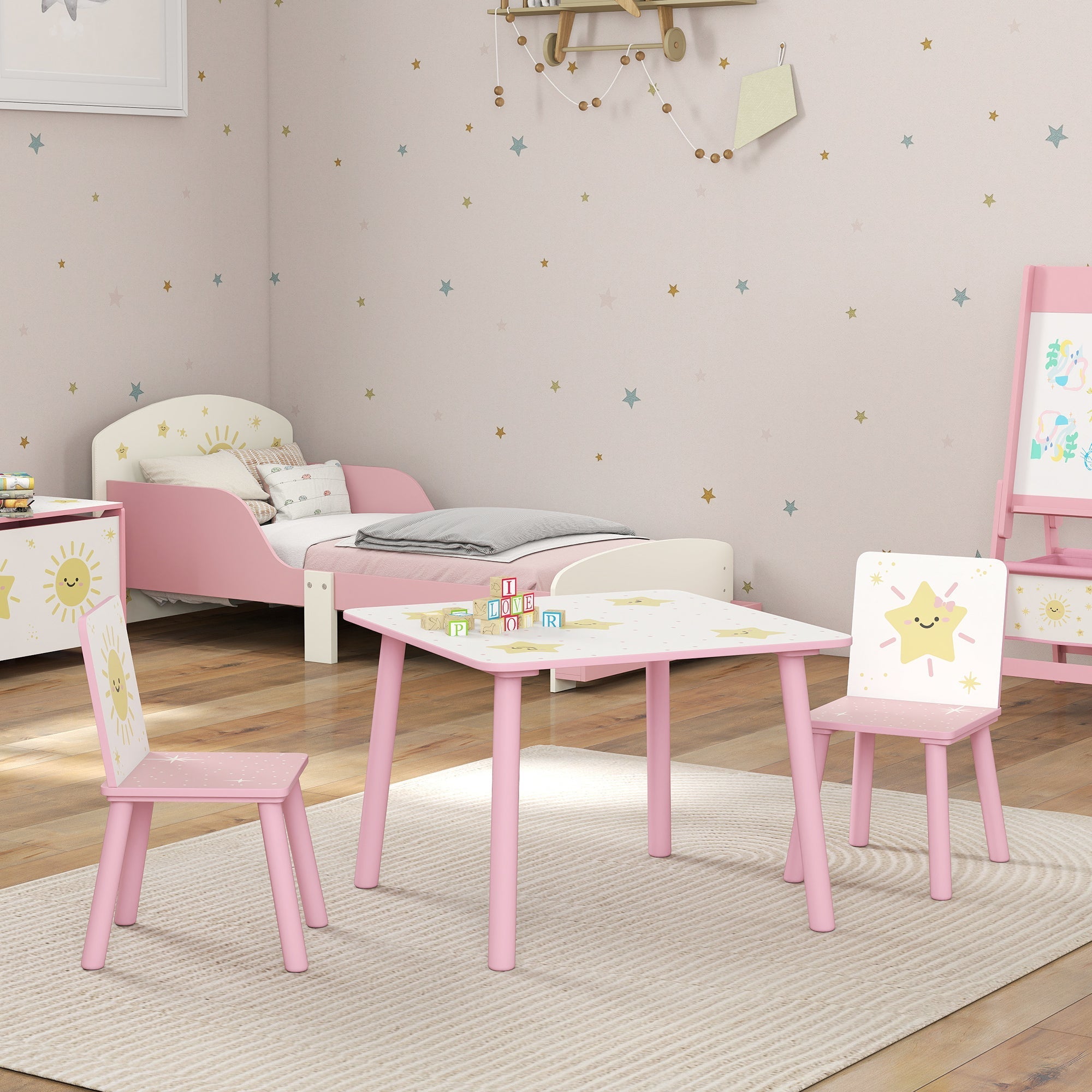 Pink aiyaplay 3-piece toddler table and chair set with sun and star decals kid-sized height kids table and chair set