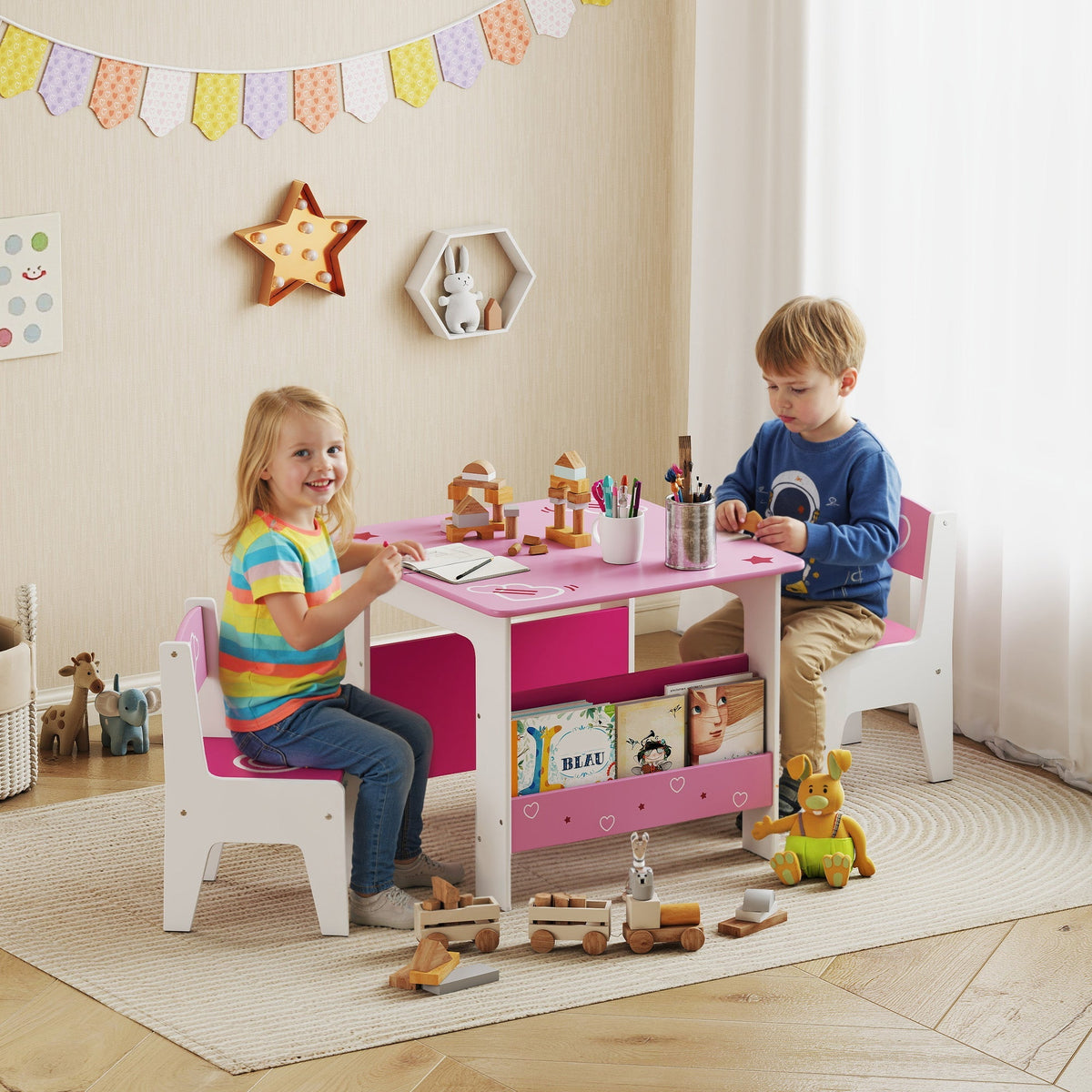 Pink and white AIYAPLAY kids table and chair set with storage compartments and heart accents promotes good posture