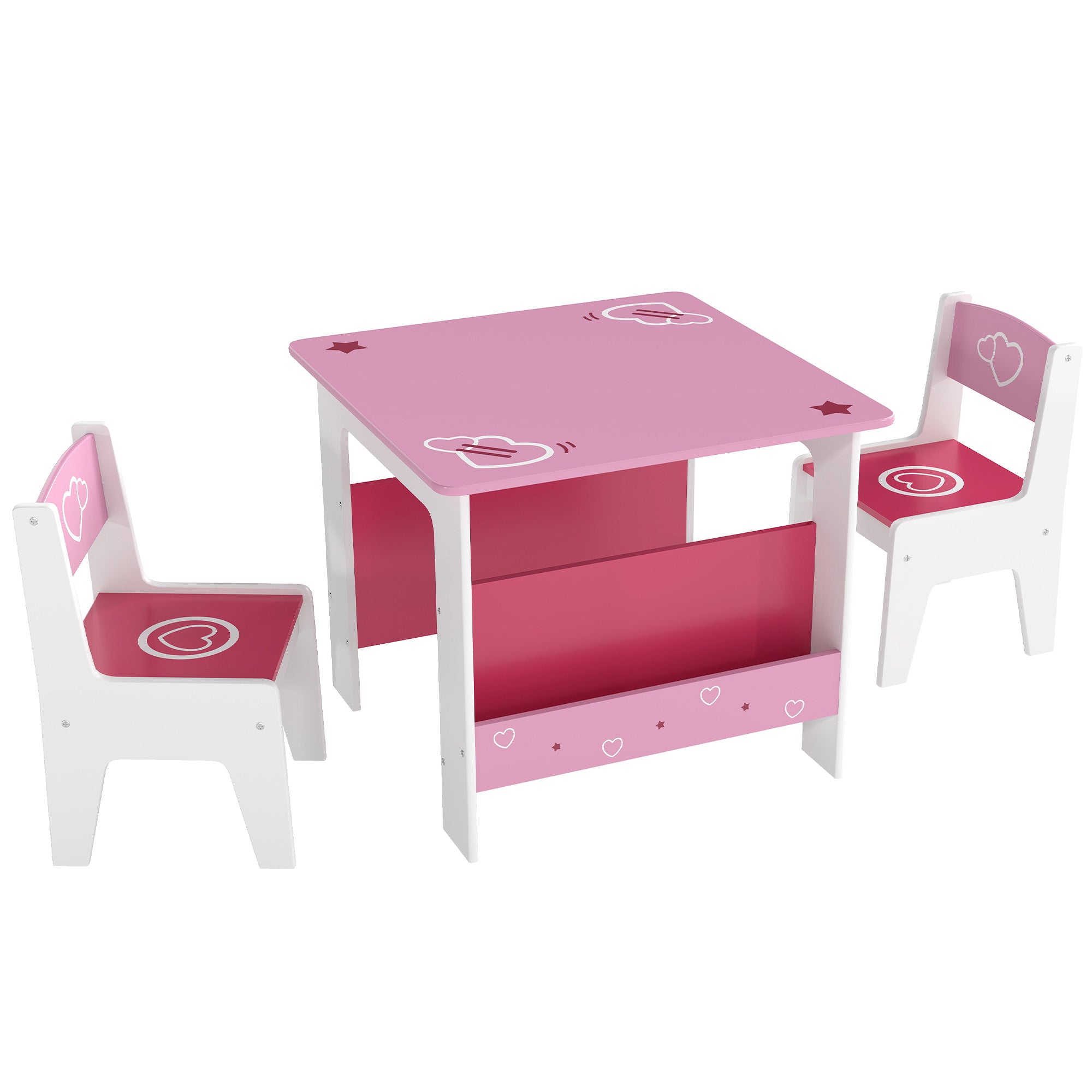 Pink and white wooden kids table and chair set with heart and star decals promotes good posture for toddlers