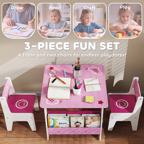 Aiyaplay pink kids table and chair set with white hearts and magenta seats promotes good posture and storage space