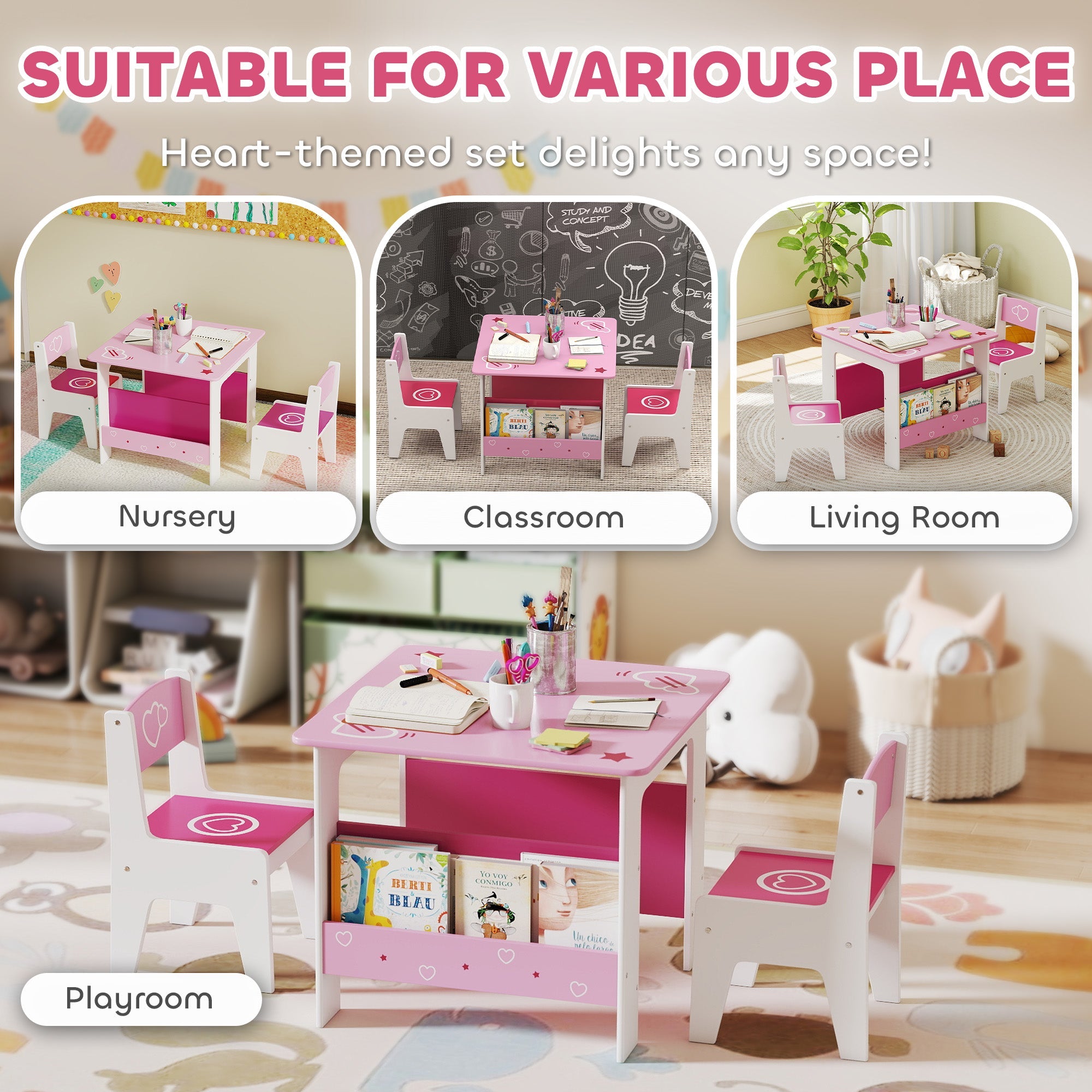 Aiyaplay pink and white heart kids table and chair set with lower shelf promotes good posture and book storage