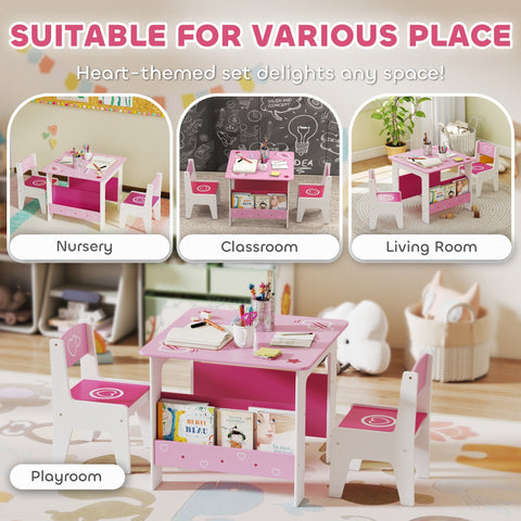 Aiyaplay pink and white heart kids table and chair set with lower shelf promotes good posture and book storage