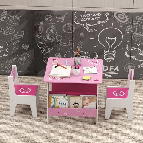 Pink AIYAPLAY kids table and chair set with heart design and bookshelf promotes good posture for toddlers