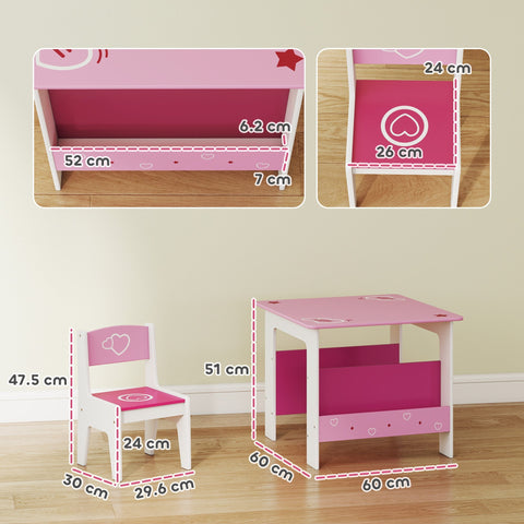 Pink and white aiyaplay kids table and chair set with heart decals promotes good posture for playroom use