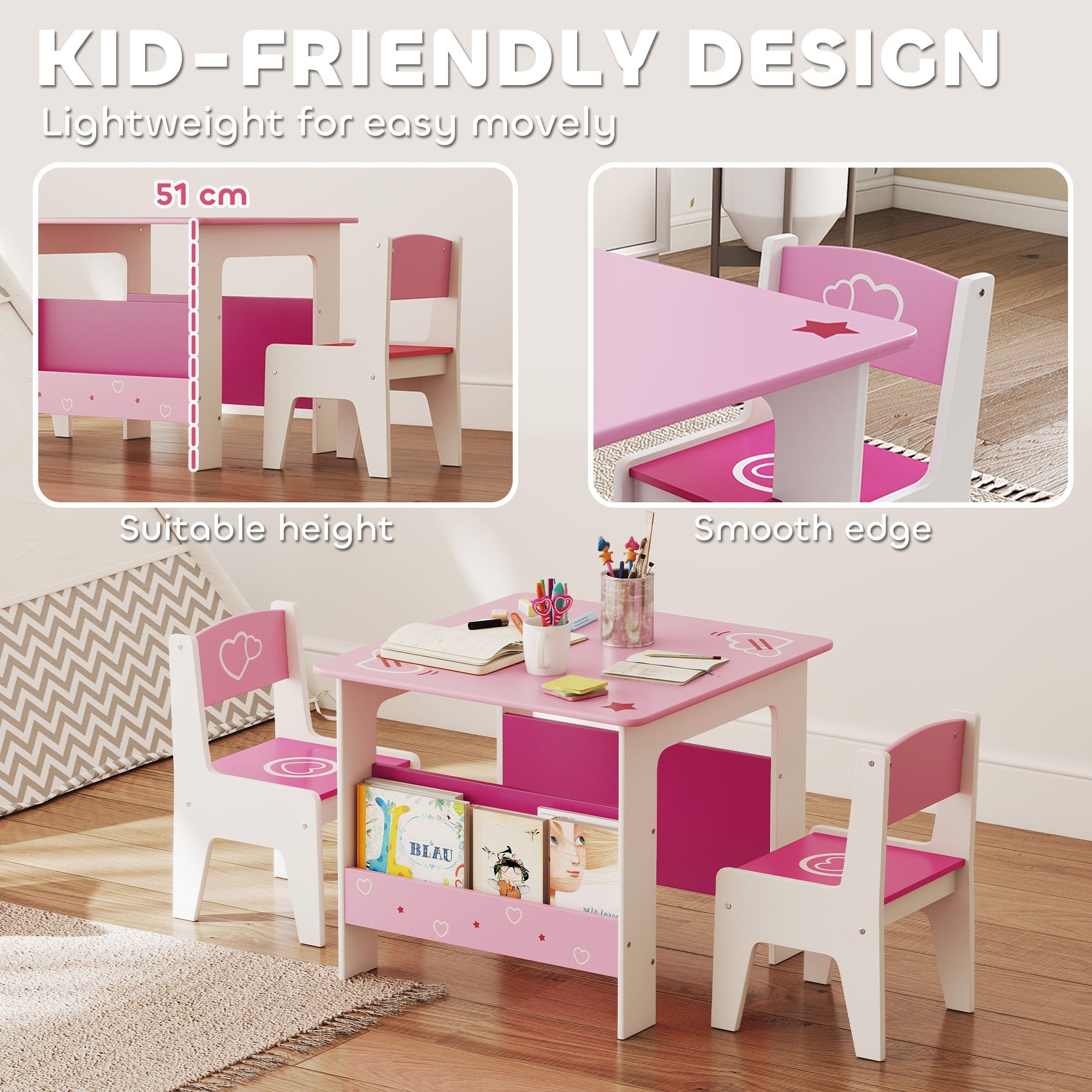 Aiyaplay pink and white kids table and heart decal chair set promotes good posture for nursery and playroom use