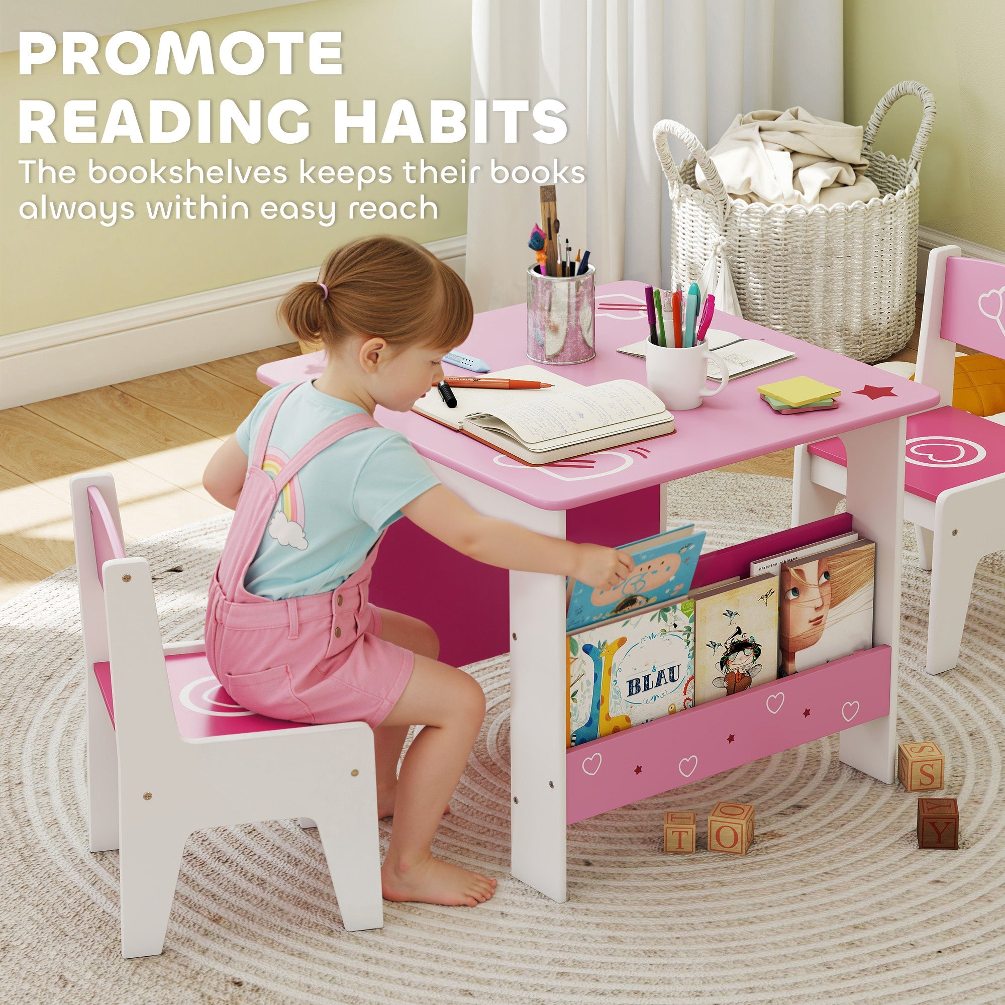 Pink and white kids table and chair set with built-in bookshelf promotes good posture for playroom and nursery