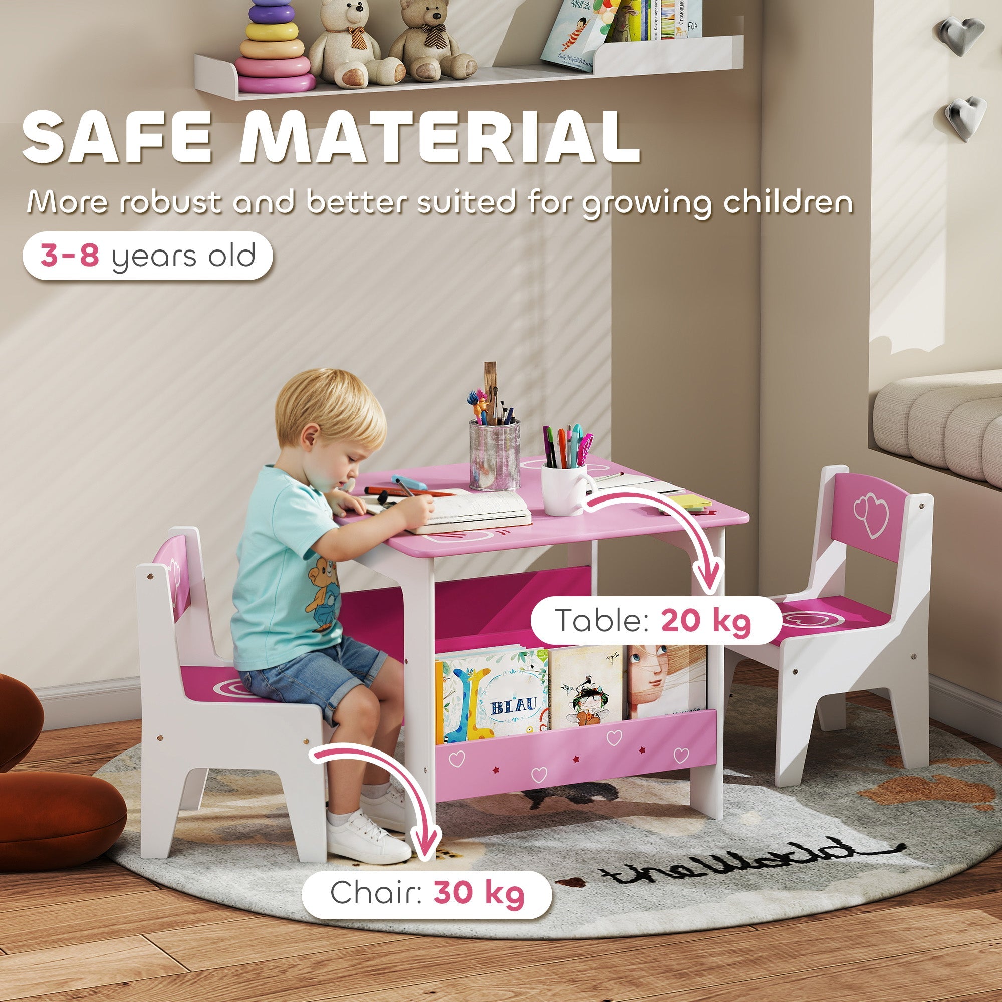 Aiyaplay pink and white kids table and chair set with heart designs made of safe material promotes good posture