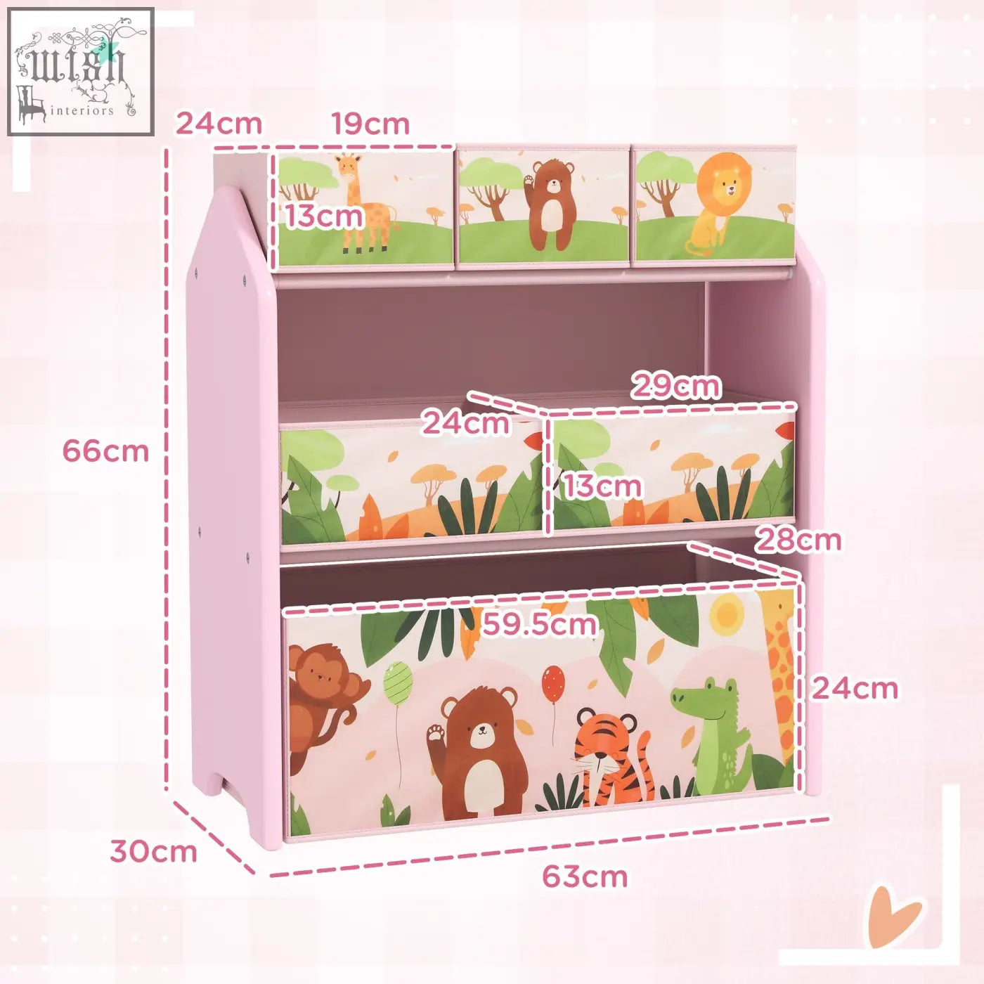 Pink wooden kids storage unit with three tiers and six removable colorful fabric boxes featuring jungle animals