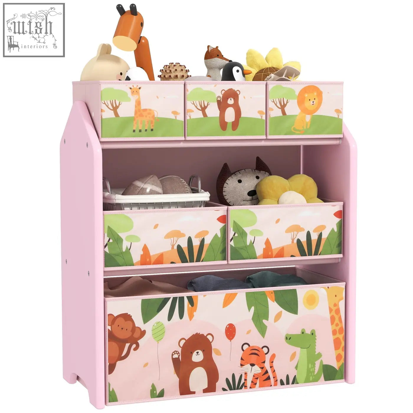 Pink aiyaplay 3-tier kids storage unit with six removable fabric boxes featuring jungle animal prints for playroom