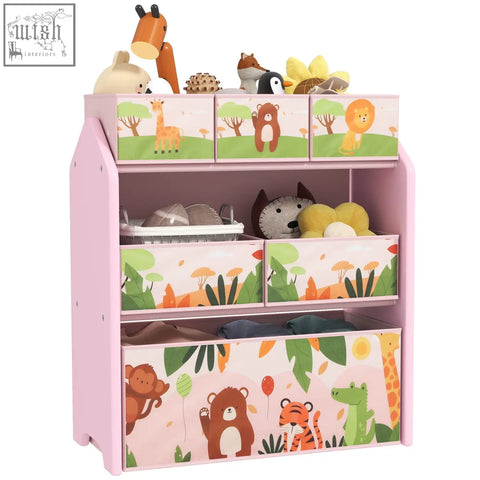 Pink aiyaplay 3-tier kids storage unit with six removable fabric boxes featuring jungle animal prints for playroom