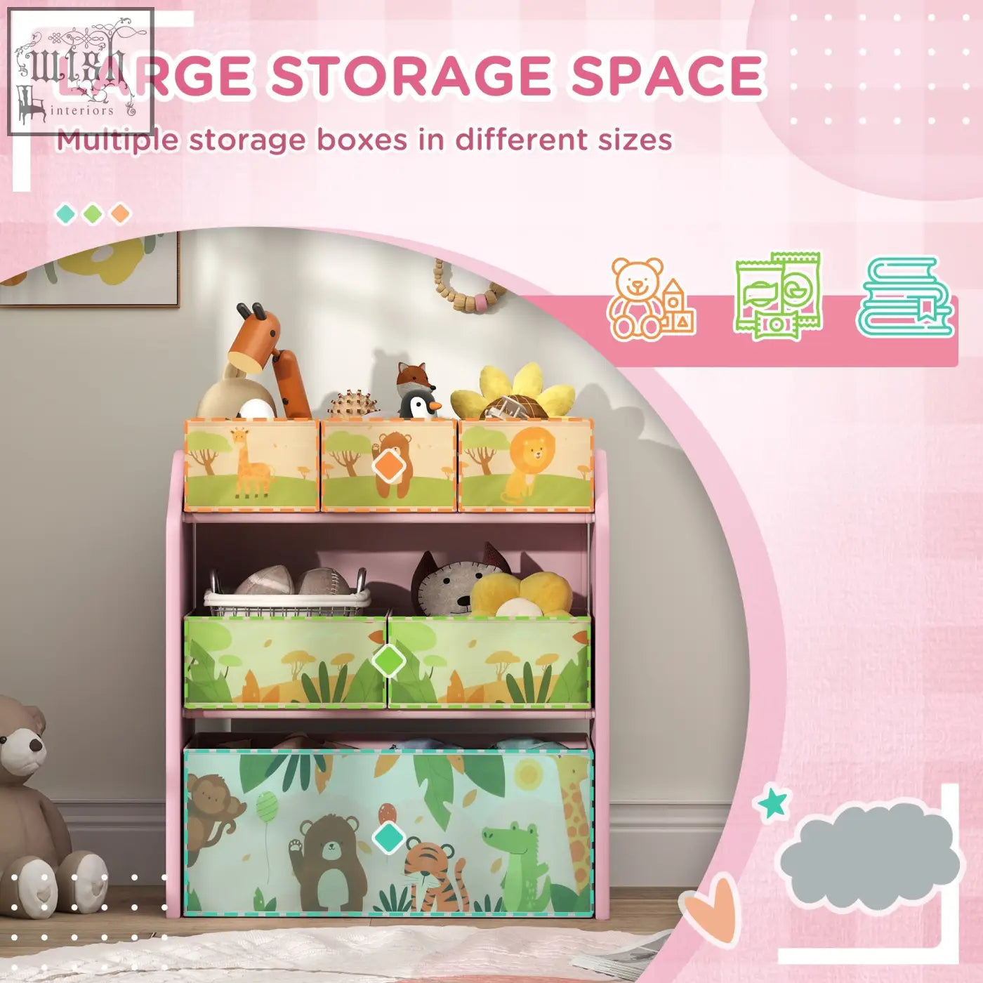 Pink AIYAPLAY 3-tier kids storage unit with six removable jungle-themed fabric boxes for playroom and nursery use