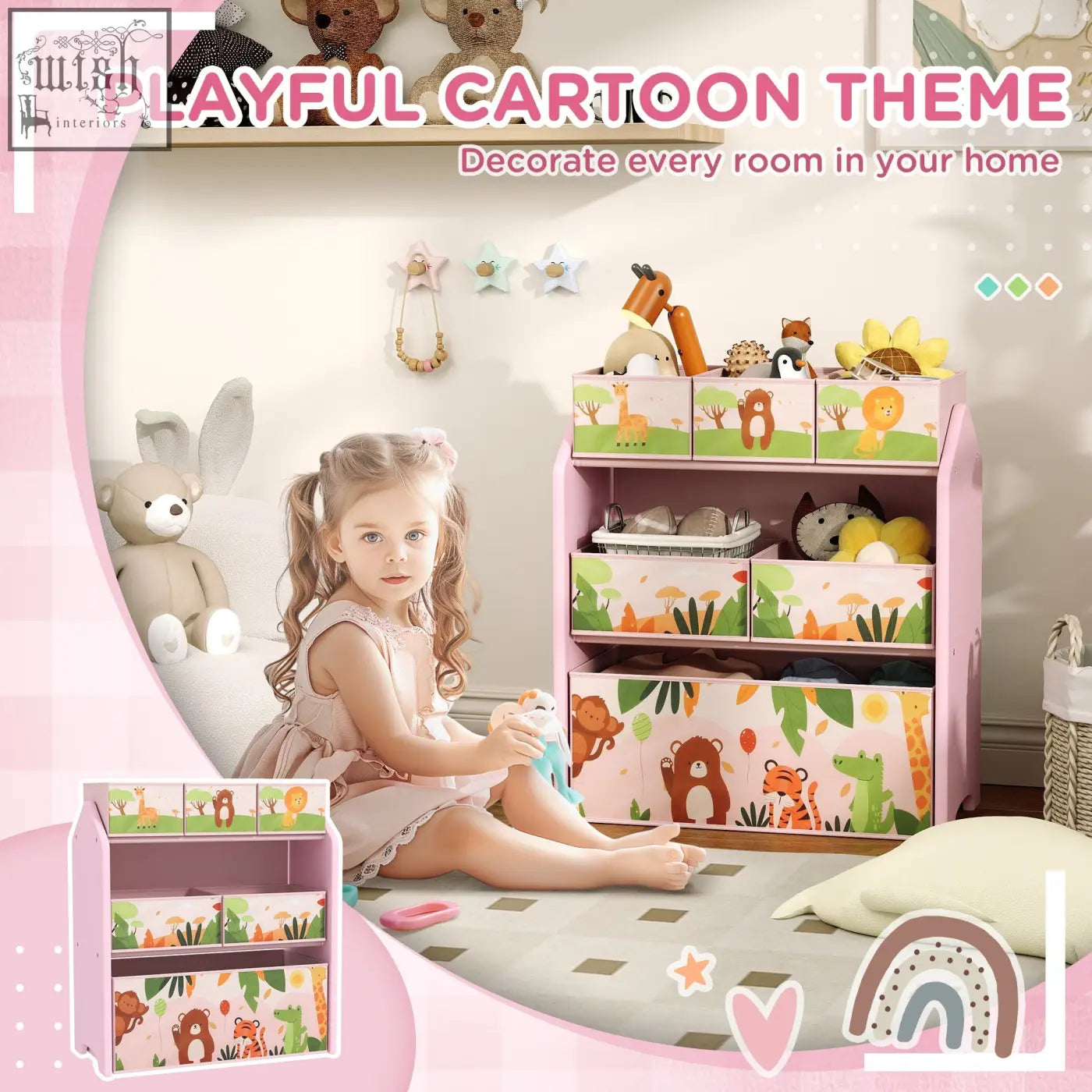Pink wooden kids storage unit with six removable animal-themed boxes for playroom or bedroom organization