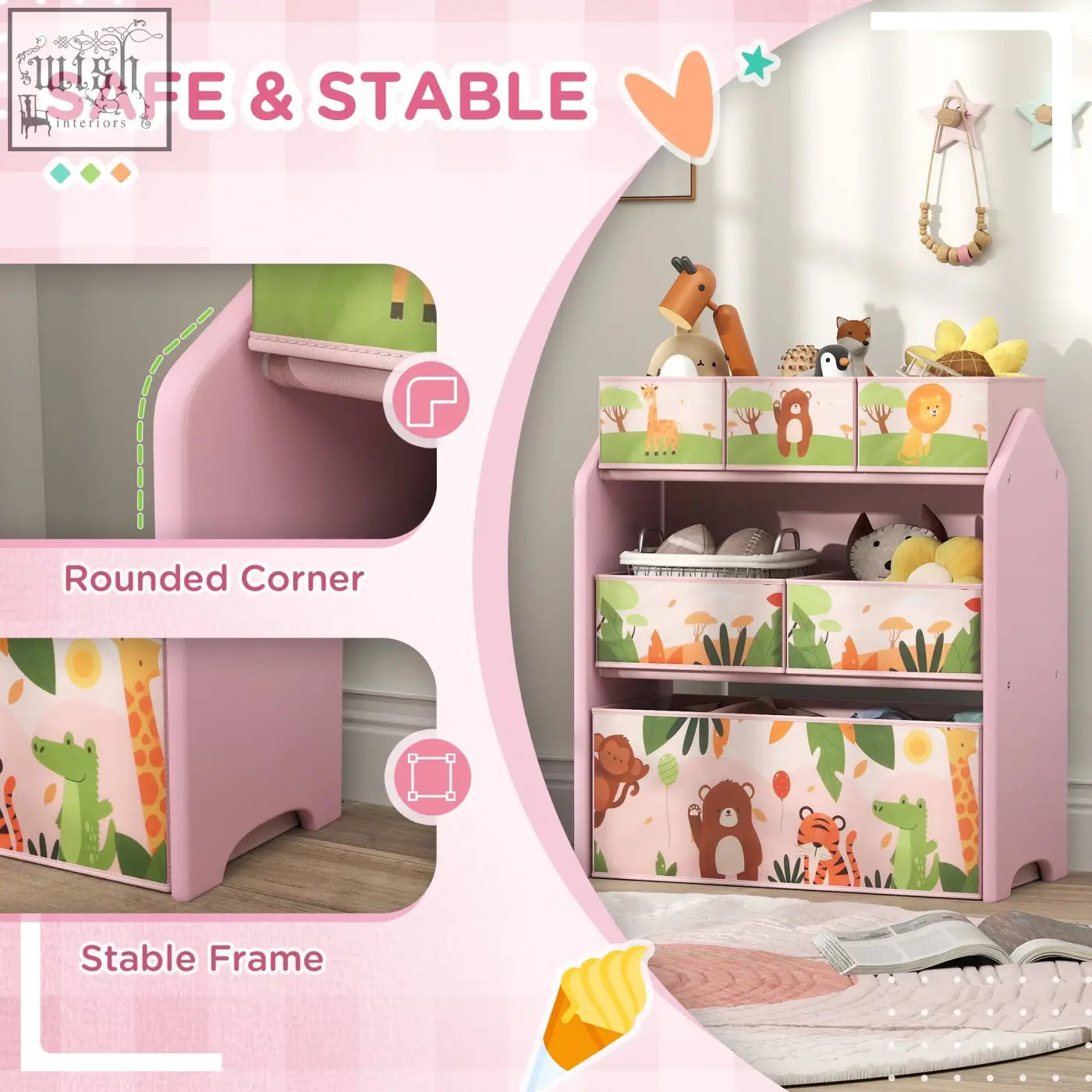 Pink aiyaplay 3-tier kids storage unit with six removable boxes and colorful jungle animal prints for playroom use