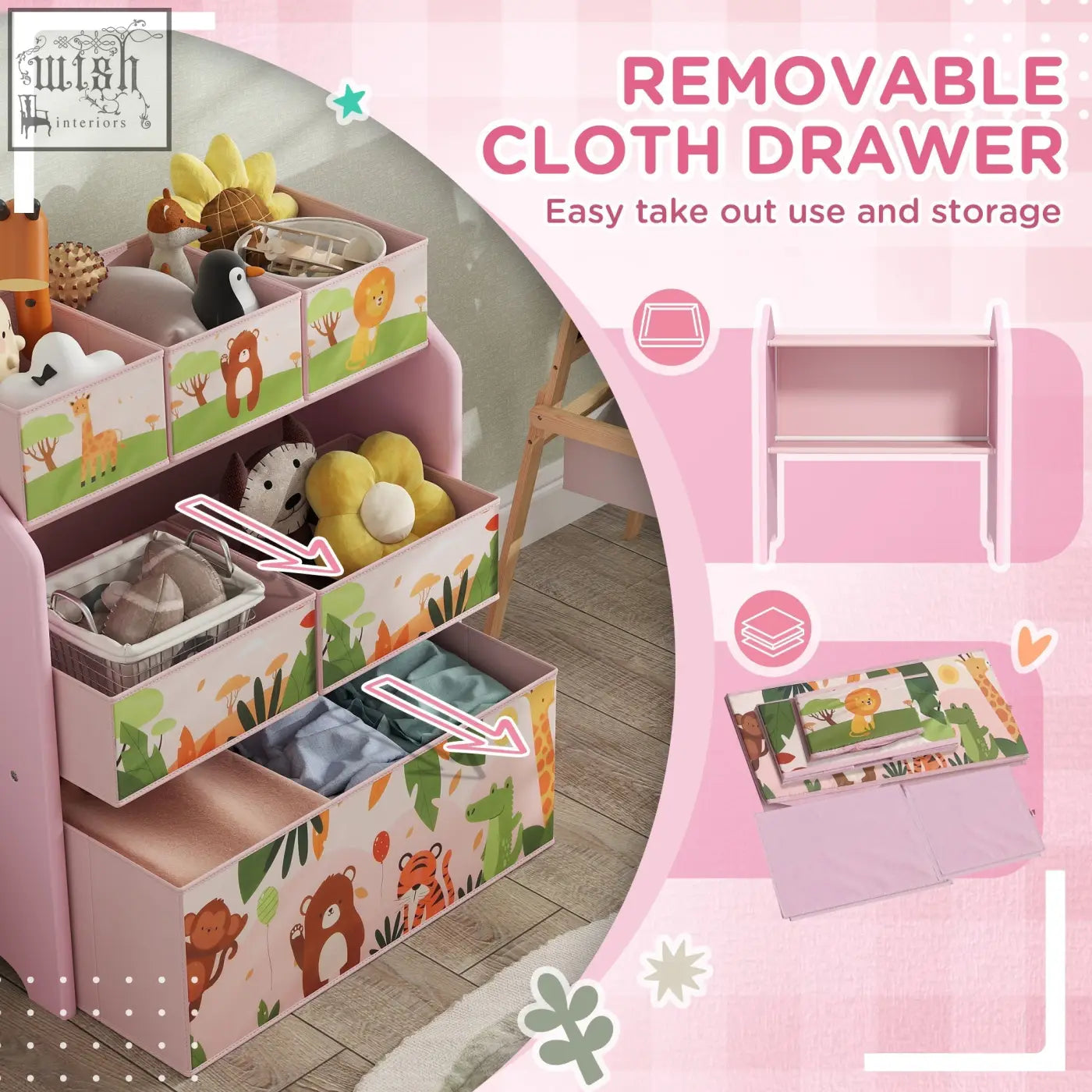 Aiyaplay pink 3-tier kids storage unit with six removable cloth drawers featuring jungle animal prints and baskets