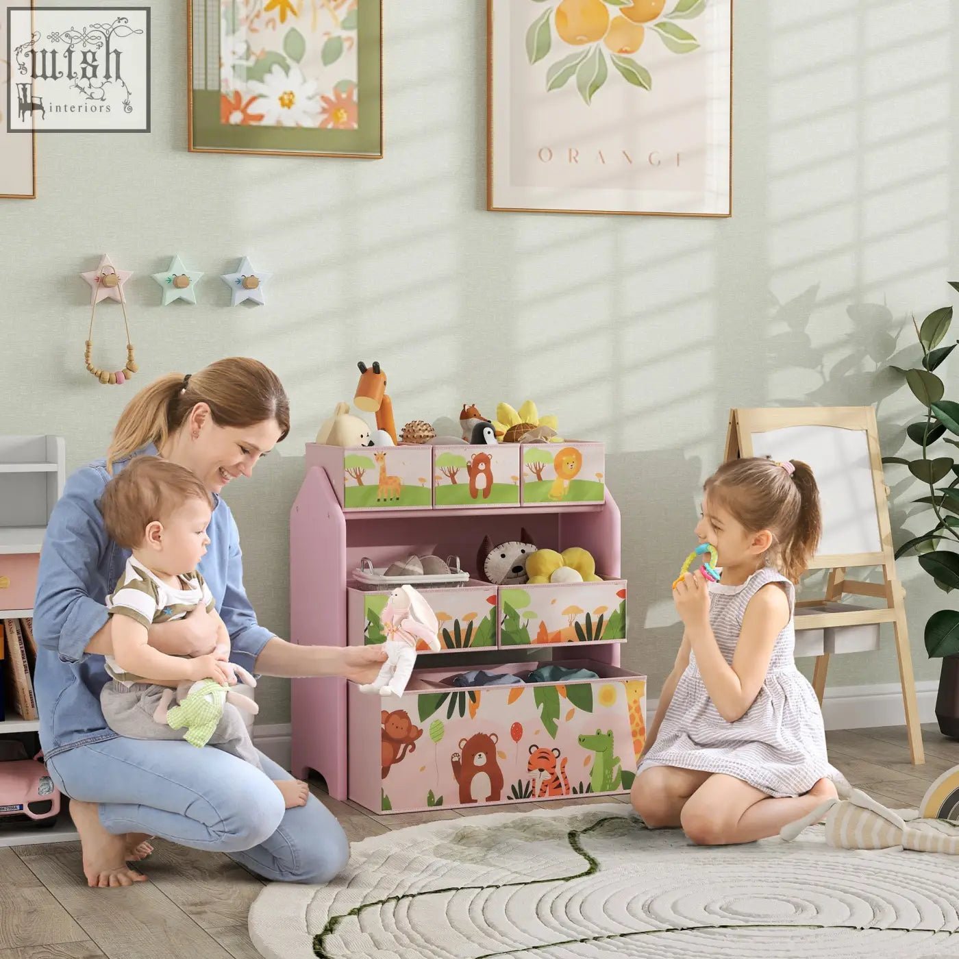 Pink AIYAPLAY kids storage unit with six removable boxes and jungle animal drawers for playroom or bedroom use