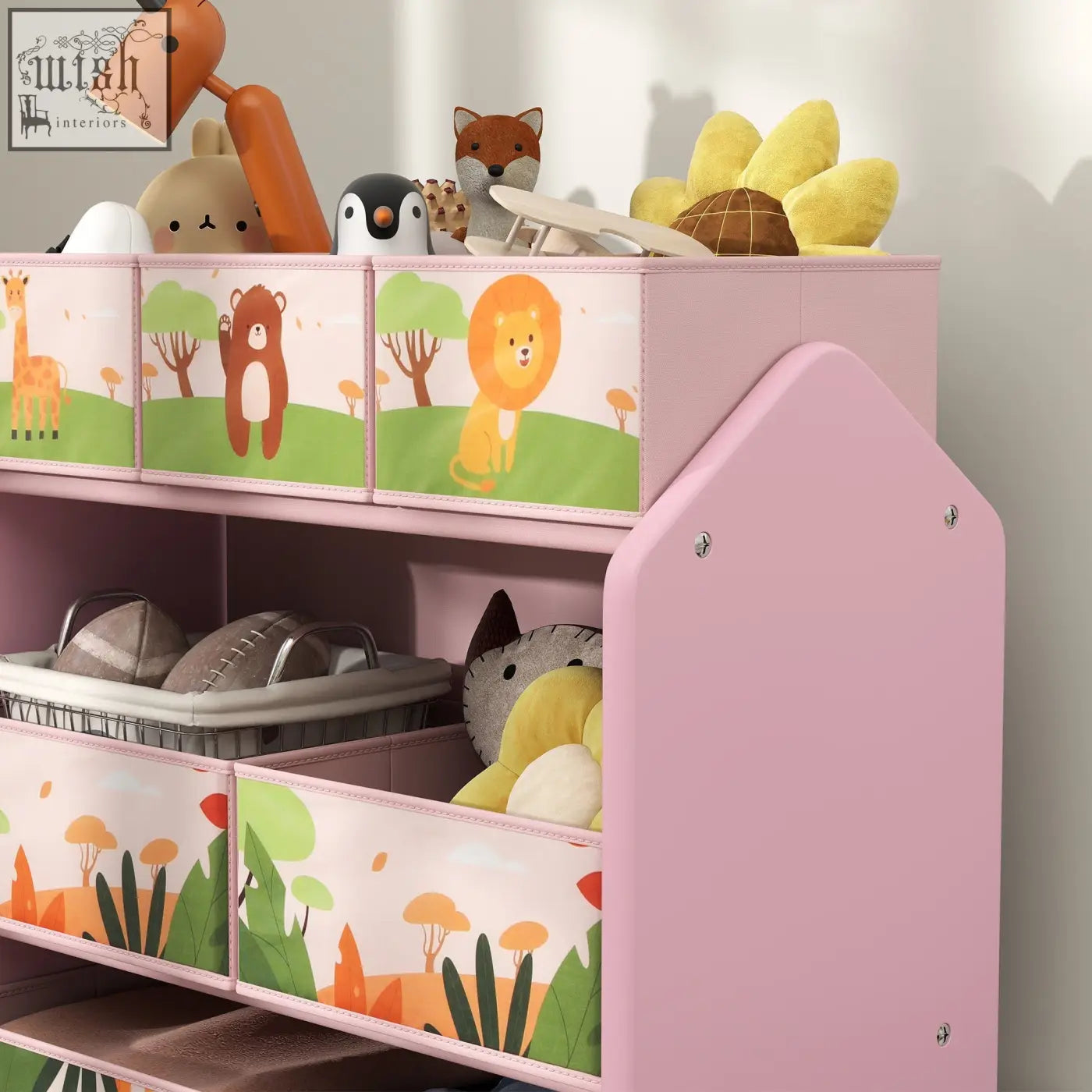 Pink aiyaplay 3-tier kids storage unit with six removable fabric boxes and cartoon animal prints for kids rooms