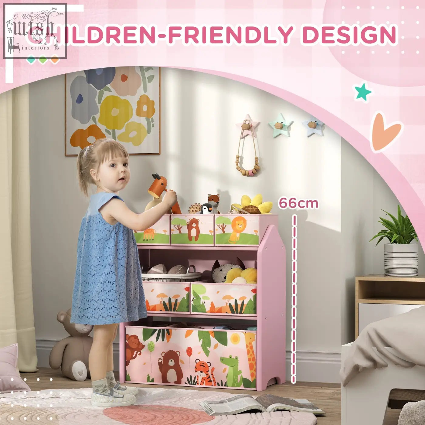 Pink wooden kids storage unit with six removable colorful animal-themed boxes for playroom or nursery organization