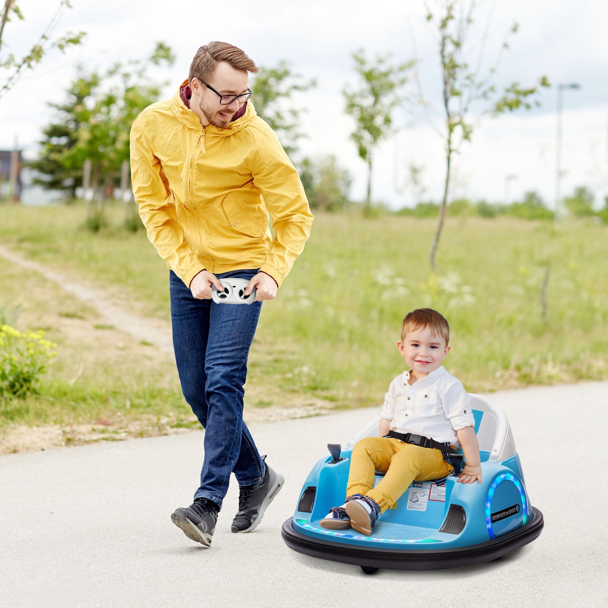AIYAPLAY 360\'c2\'b0 Rotation Kids Bumper Car, 12V Waltz Car with Remote Control, Dual Joystick, Music, Lights, Light Blue