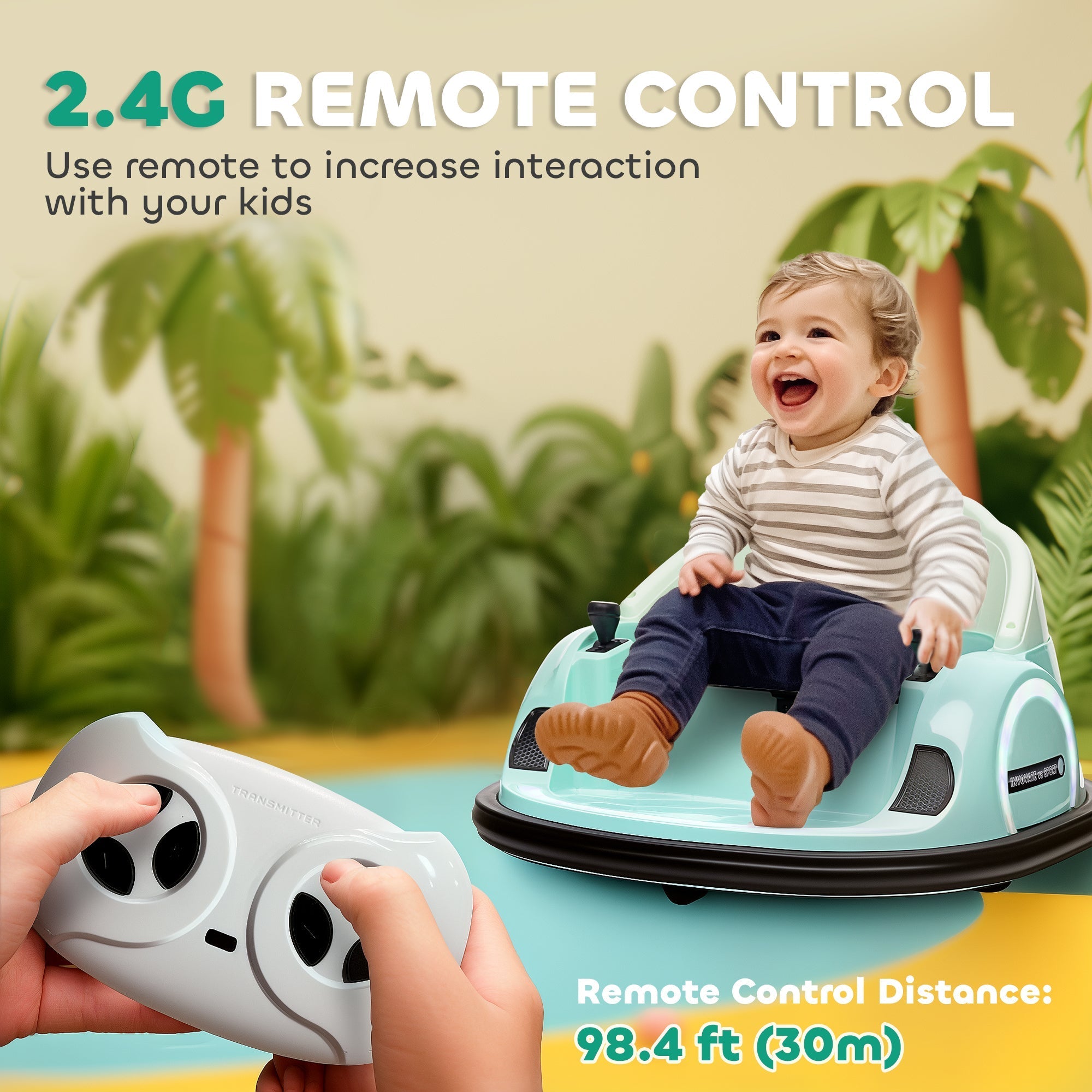 AIYAPLAY 360\'c2\'b0 Rotation Kids Bumper Car, 12V Waltz Car with Remote Control, Dual Joystick, Music, Lights, Green