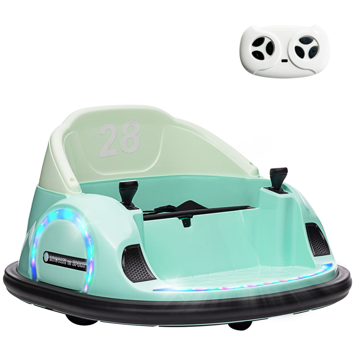 AIYAPLAY 360\'c2\'b0 Rotation Kids Bumper Car, 12V Waltz Car with Remote Control, Dual Joystick, Music, Lights, Green