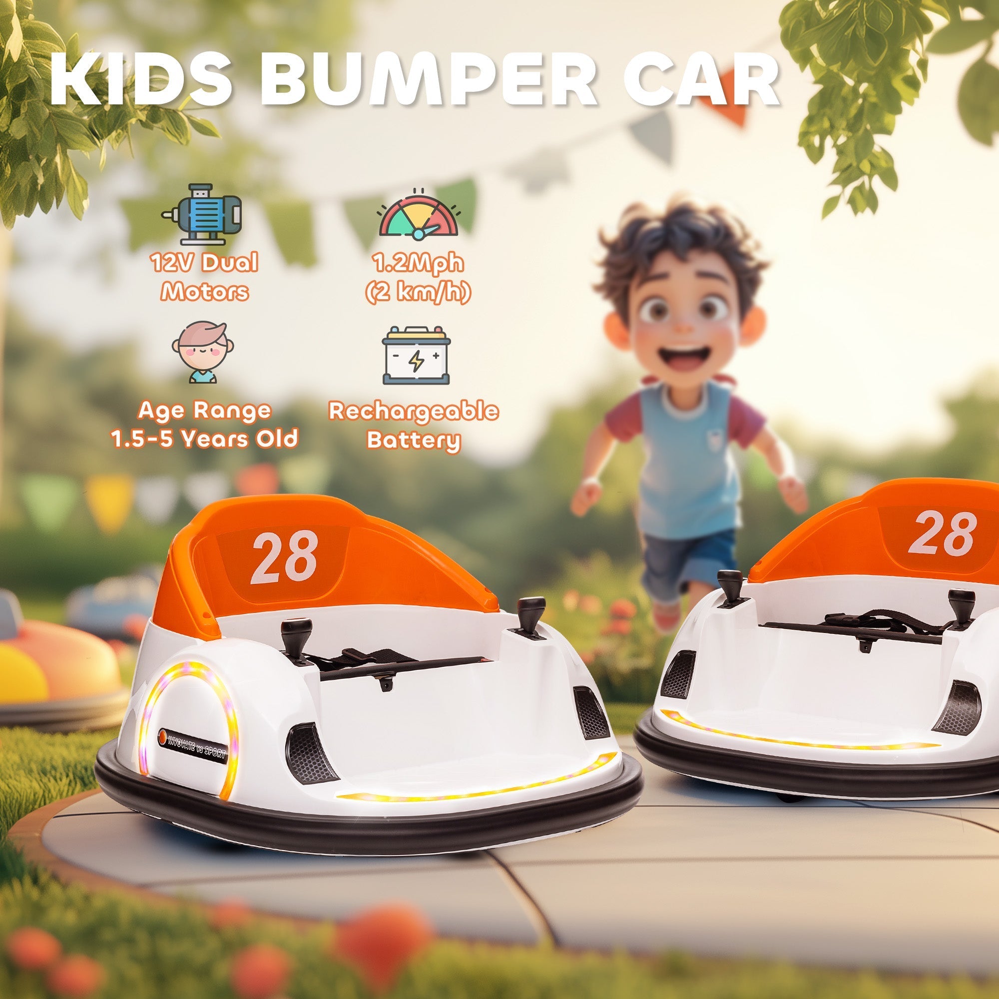 AIYAPLAY 360\'c2\'b0 Rotation Kids Bumper Car, 12V Waltzer Car with Remote Control, Dual Joysticks, Music Lights, Orange