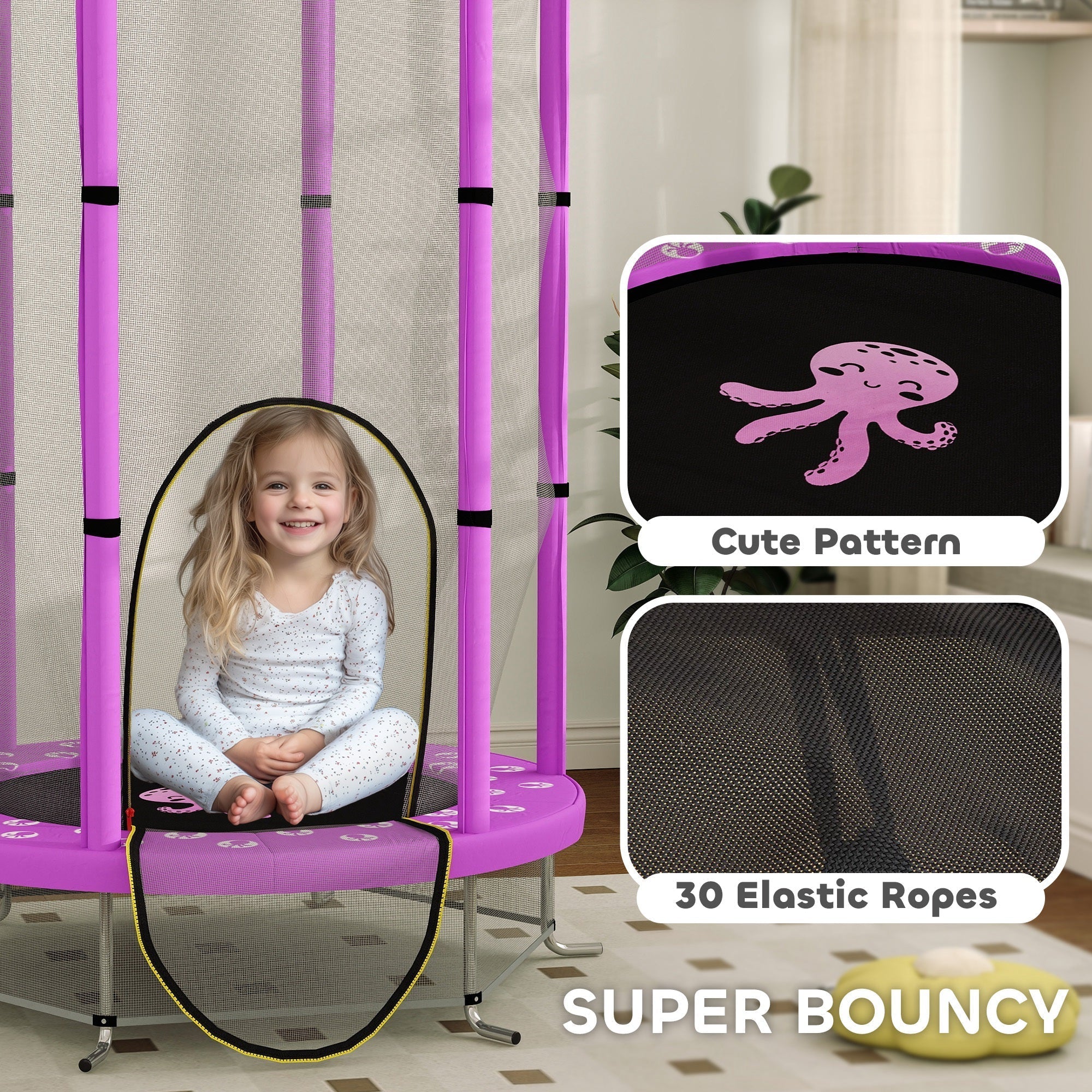 Aiyaplay purple octopus toddler trampoline with black wear-resistant jump pad and 30 elastic ropes for indoor outdoor use