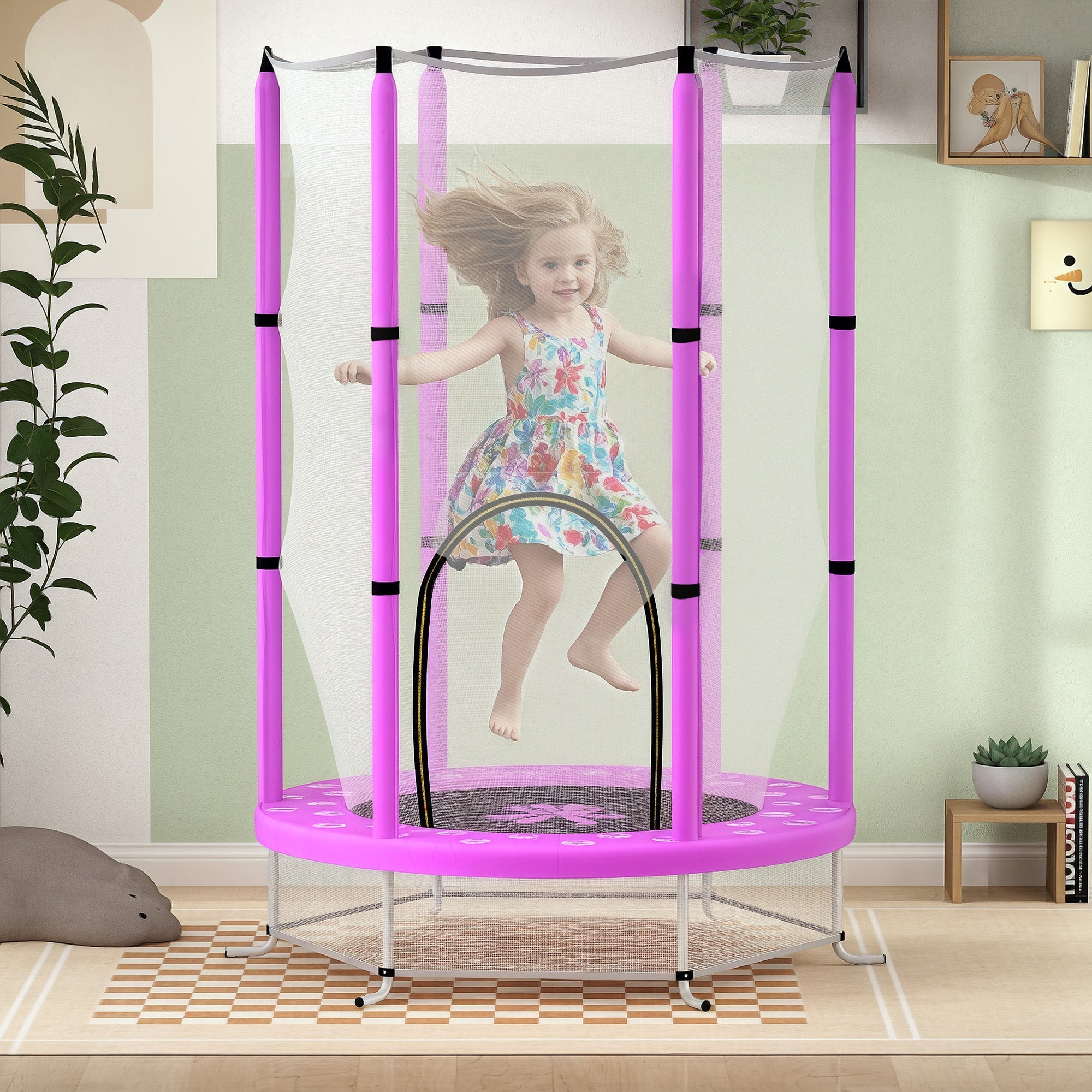 AIYAPLAY 4.6ft purple toddler trampoline with safety enclosure net, elastic ropes, and wear-resistant jump pad for kids 3-6 years