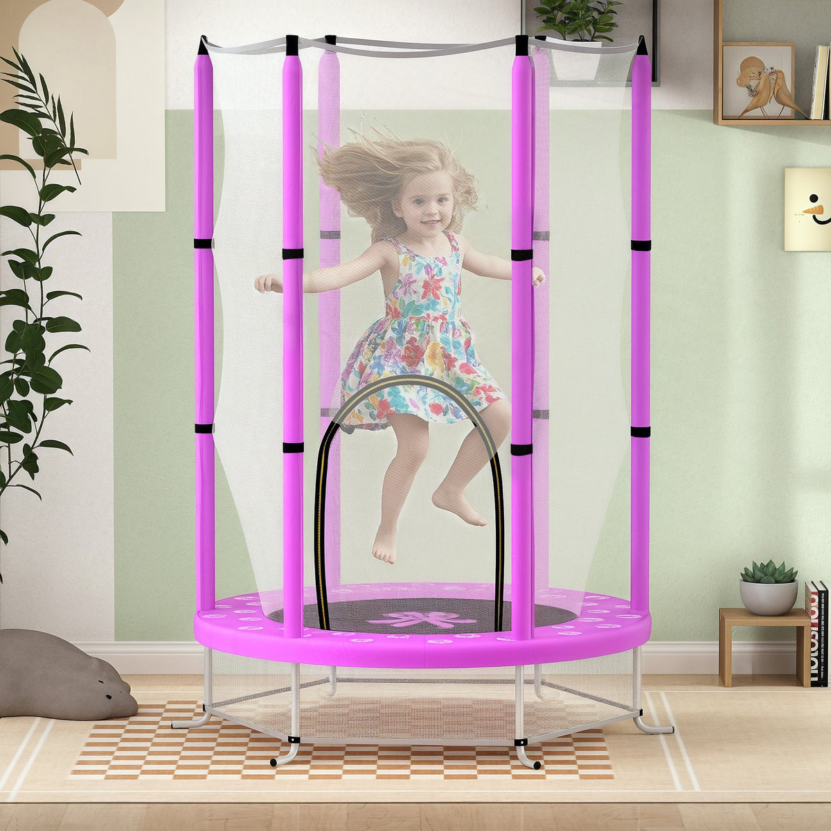 AIYAPLAY 4.6ft purple toddler trampoline with safety enclosure net, elastic ropes, and wear-resistant jump pad for kids 3-6 years