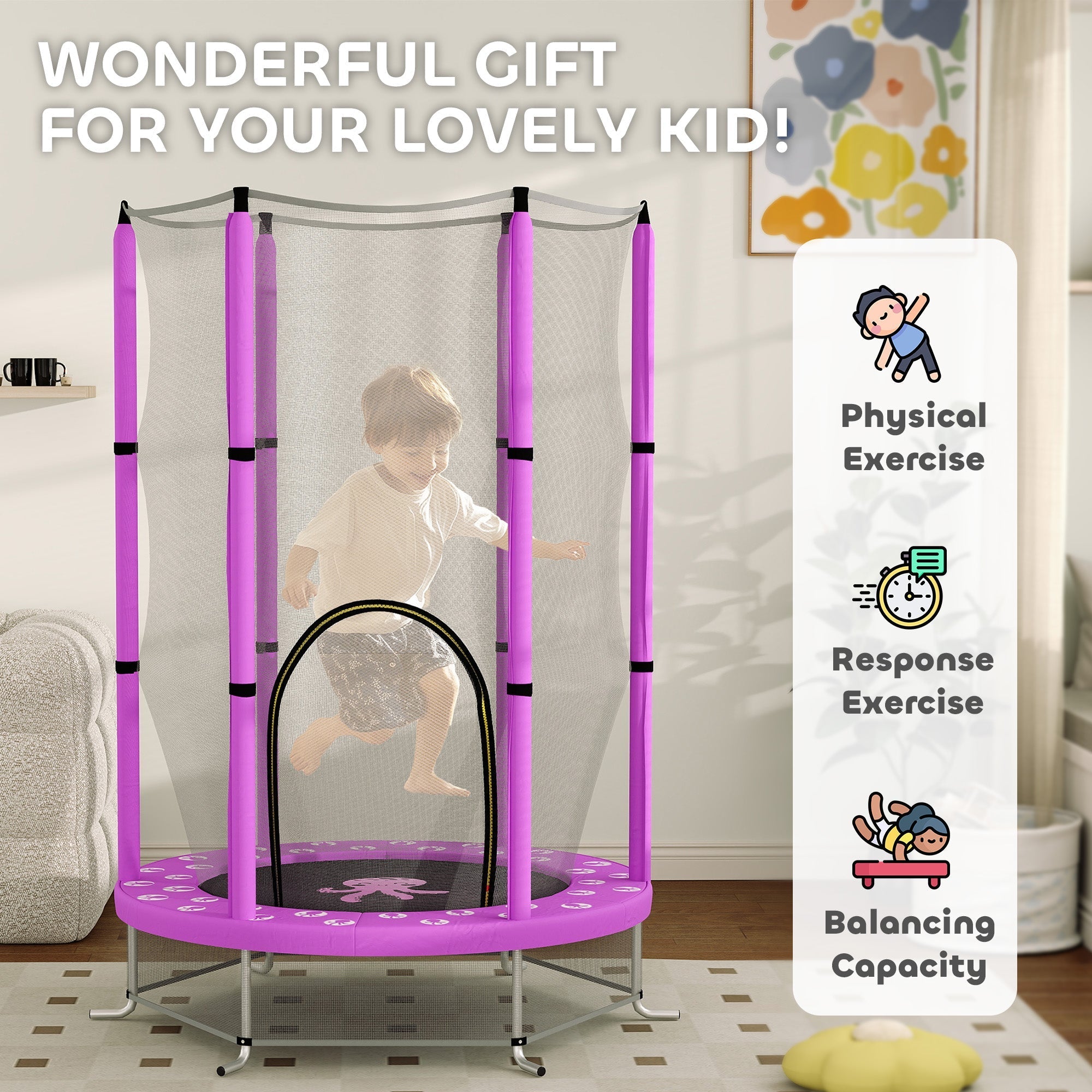 Purple aiyaplay 4.6ft toddler trampoline with elastic ropes and wear-resistant jump pad featuring octopus design and safety net