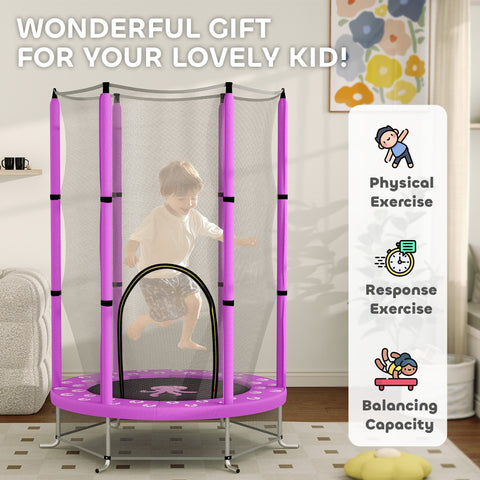 Purple aiyaplay 4.6ft toddler trampoline with elastic ropes and wear-resistant jump pad featuring octopus design and safety net