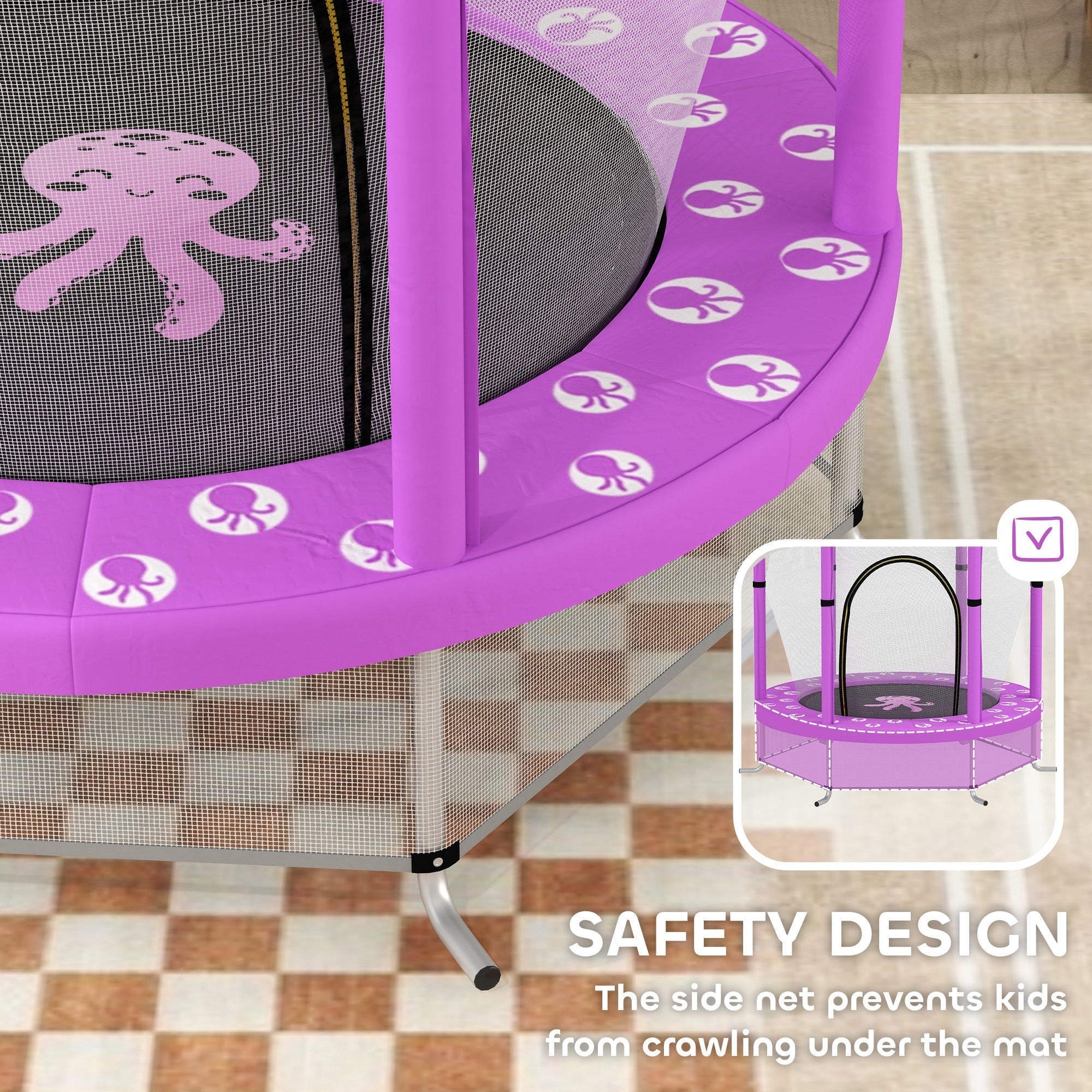 Purple aiyaplay 4.6ft toddler trampoline with safety enclosure net featuring wear-resistant jump pad and elastic ropes for indoor outdoor use