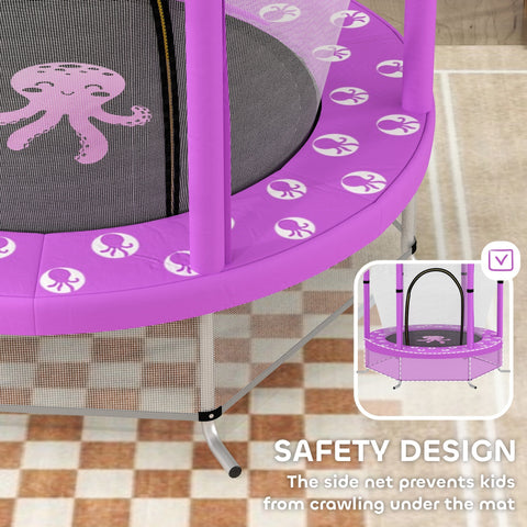 Purple aiyaplay 4.6ft toddler trampoline with safety enclosure net featuring wear-resistant jump pad and elastic ropes for indoor outdoor use