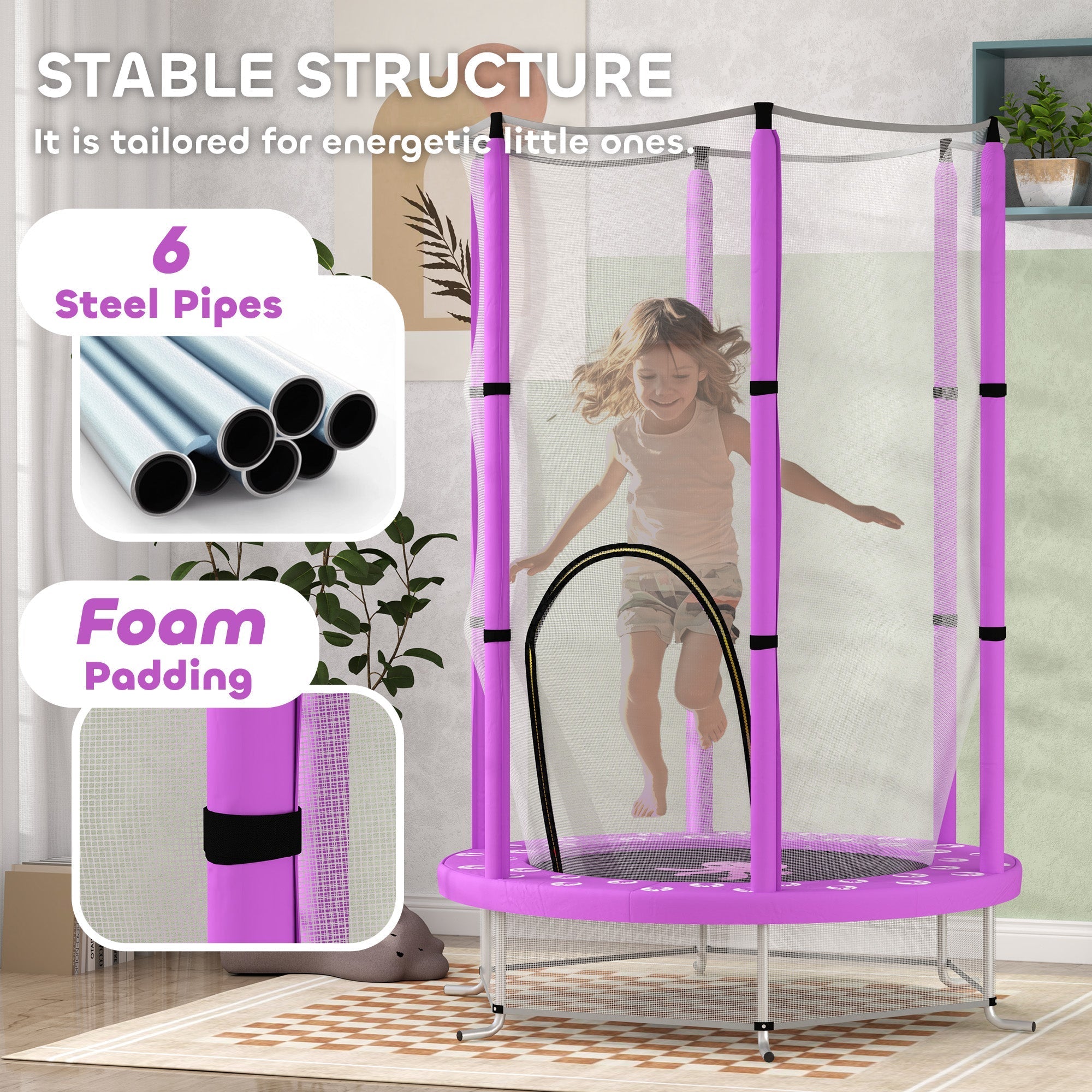 Purple aiyaplay 4.6ft toddler trampoline with six steel pipes foam padding and wear-resistant jump pad for indoor outdoor use