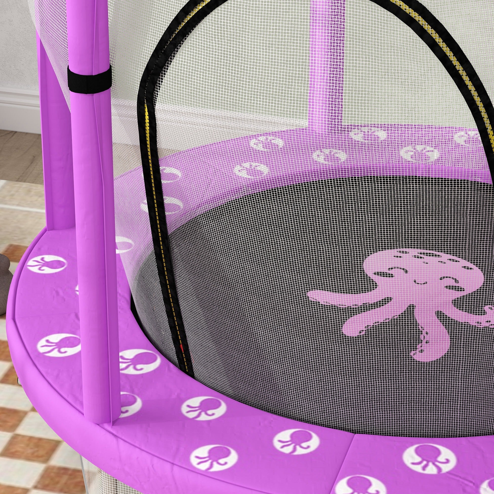 Aiyaplay purple toddler trampoline with mesh safety enclosure net elastic ropes and wear-resistant jump pad for indoor outdoor use